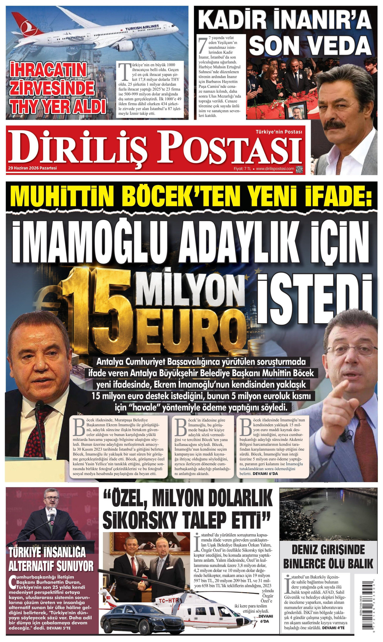 DİRİLİŞ POSTASI gazetesinin 29 Haziran 2026 tarihli birinci sayfası