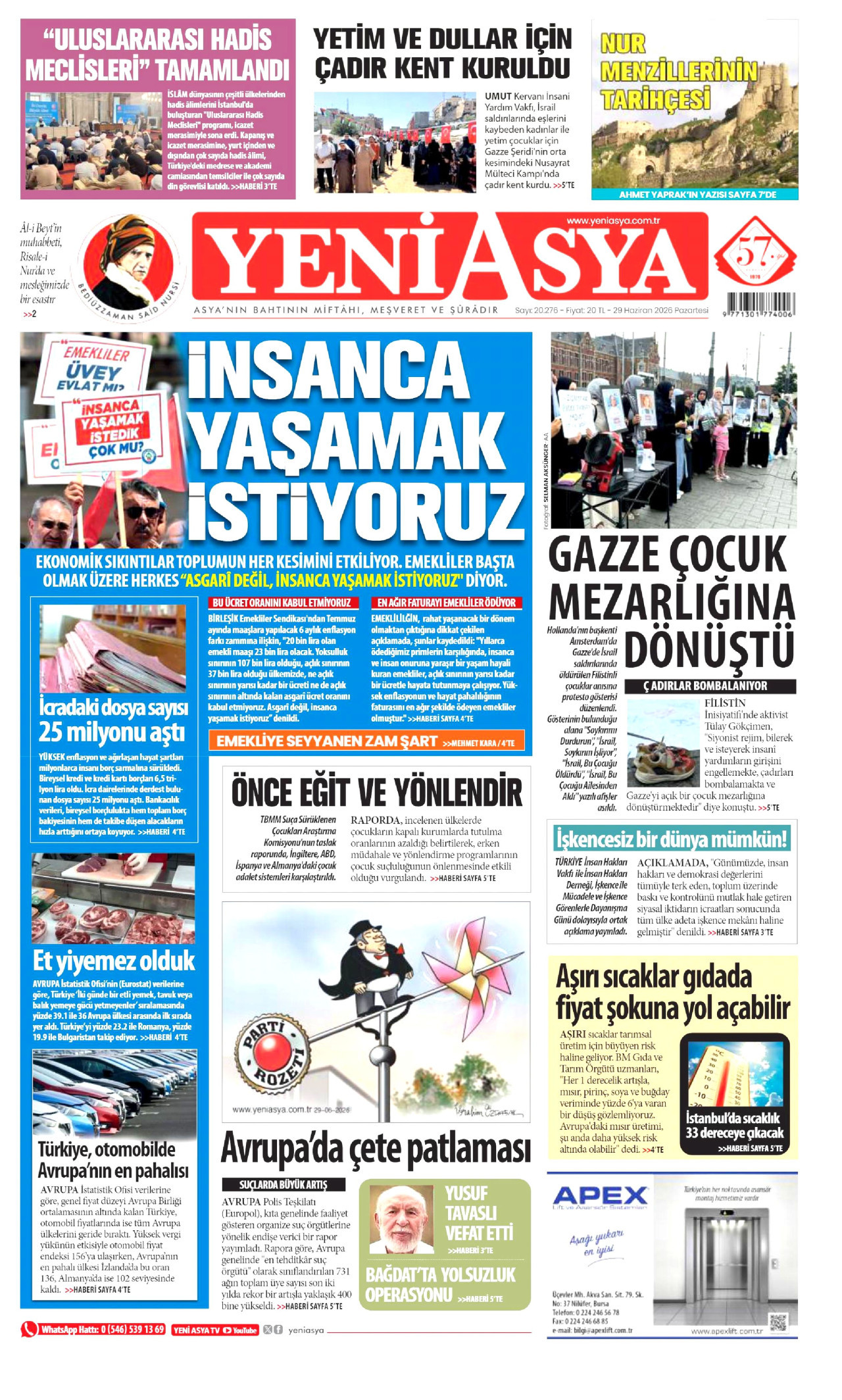 YENİ ASYA gazetesinin 29 Haziran 2026 tarihli birinci sayfası