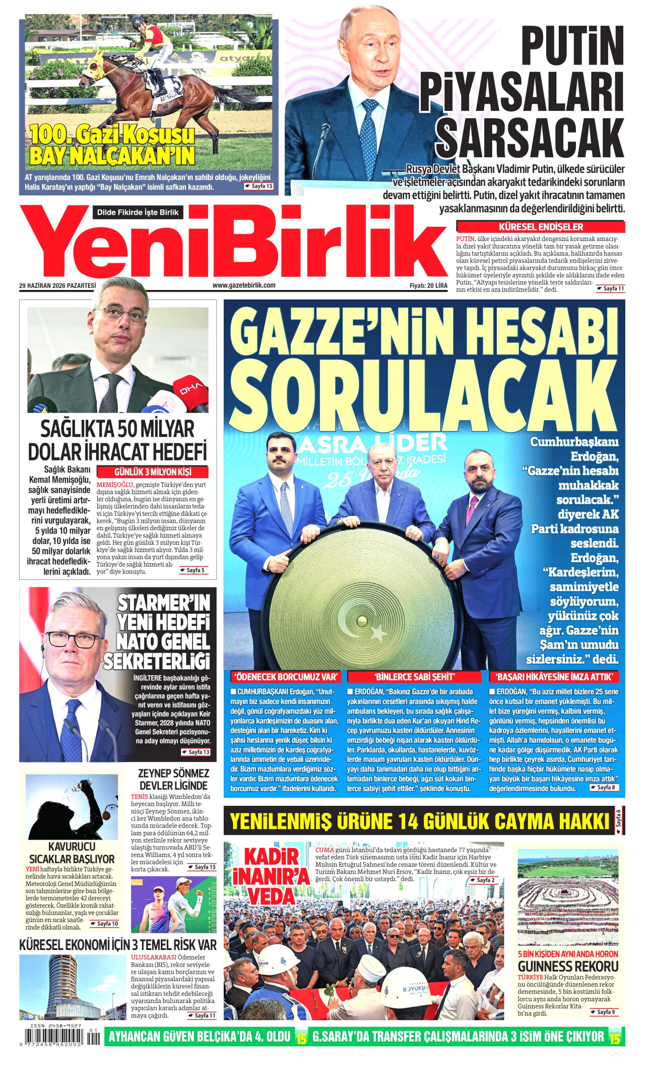 YENİBİRLİK gazetesinin 29 Haziran 2026 tarihli birinci sayfası