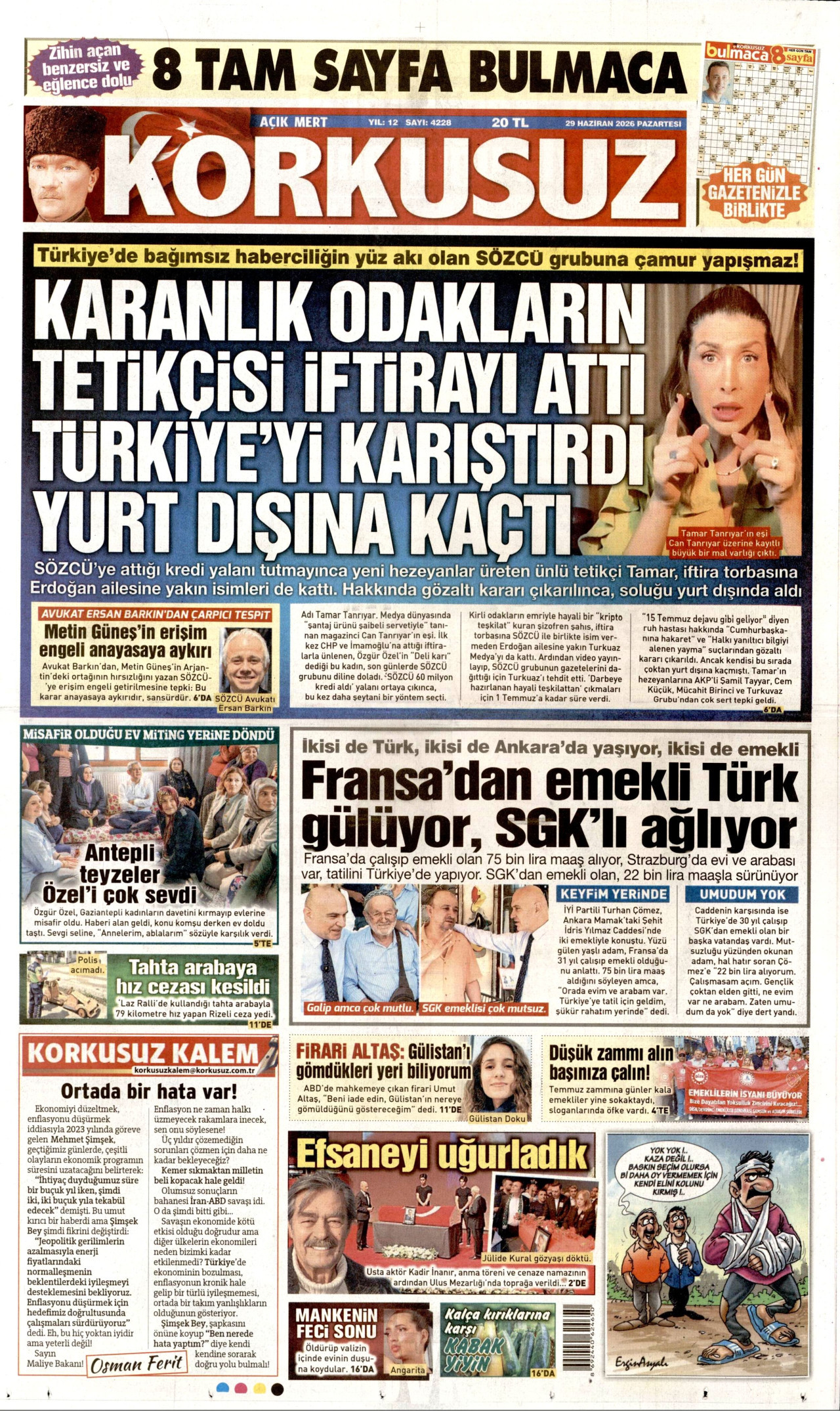 KORKUSUZ gazetesinin 29 Haziran 2026 tarihli birinci sayfası