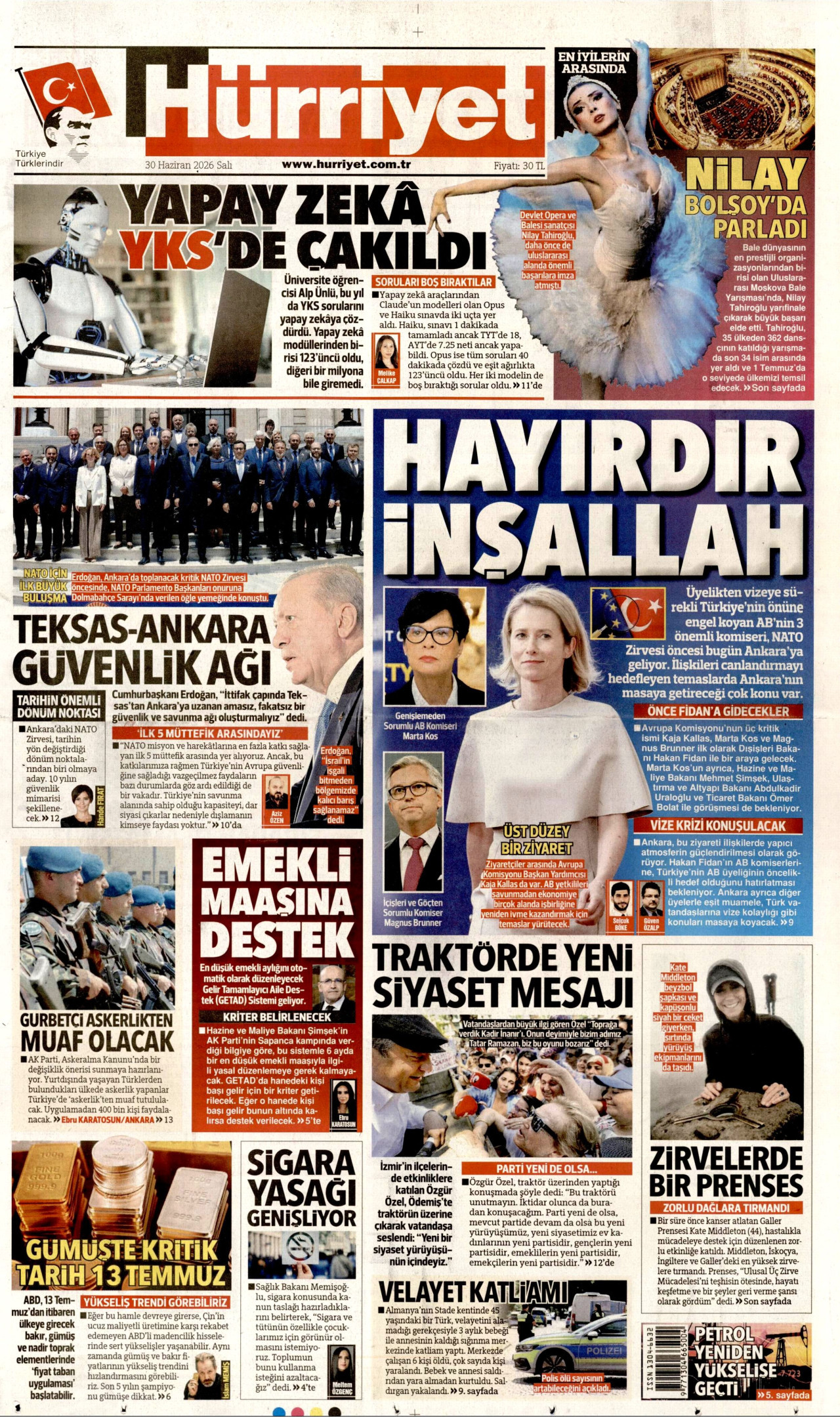 HÜRRİYET gazetesinin 30 Haziran 2026 tarihli birinci sayfası