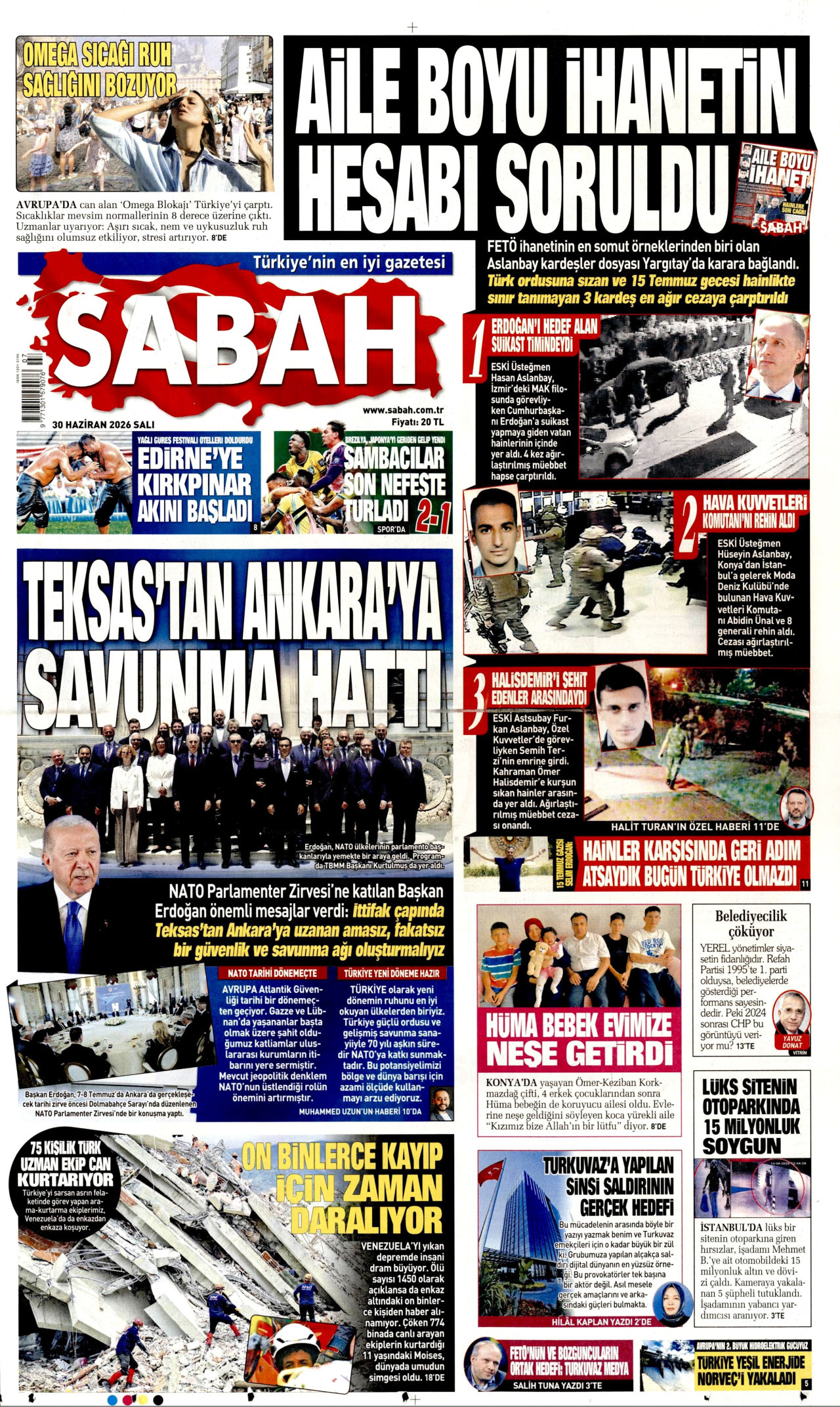 SABAH gazetesinin 30 Haziran 2026 tarihli birinci sayfası