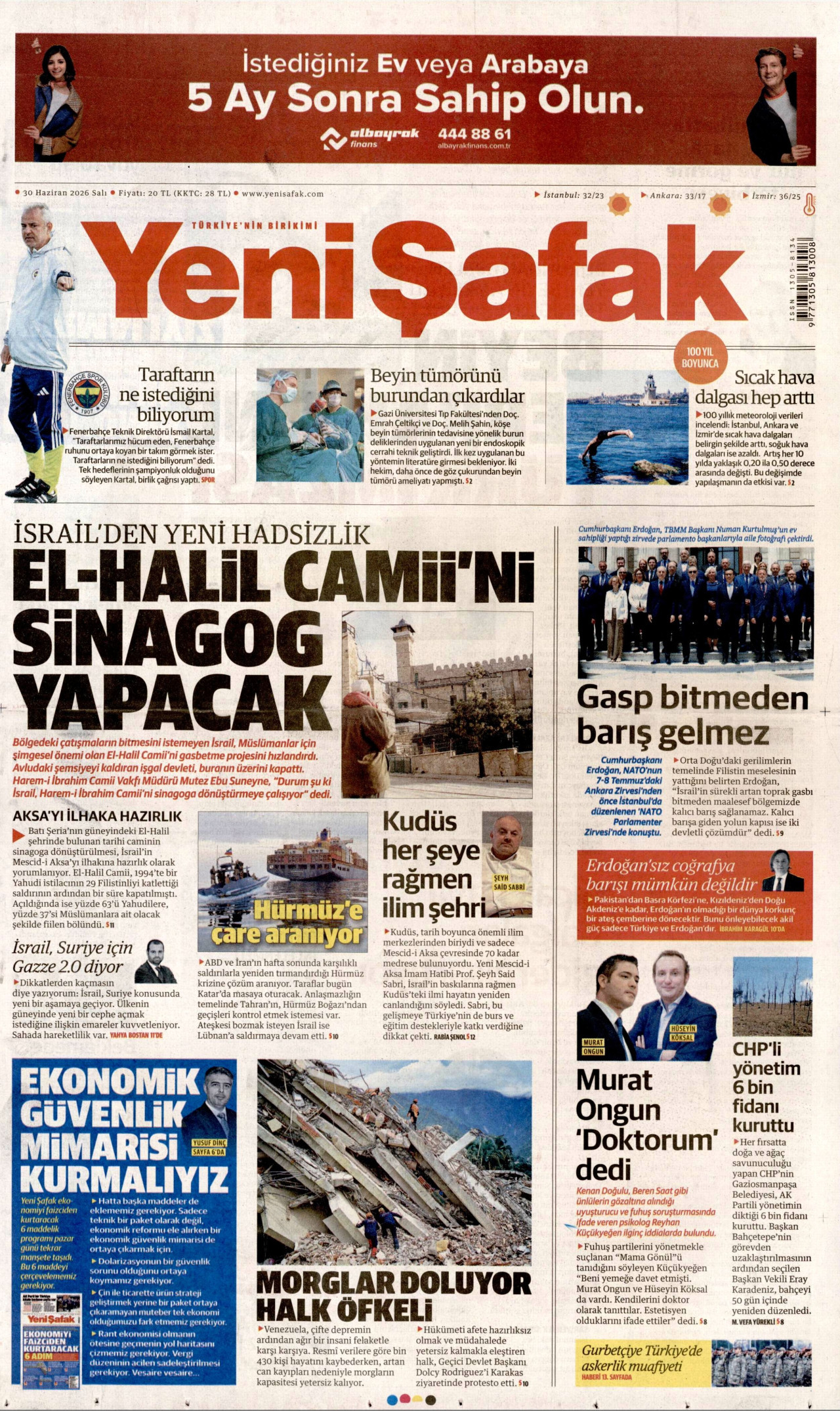 YENİ ŞAFAK gazetesinin 30 Haziran 2026 tarihli birinci sayfası