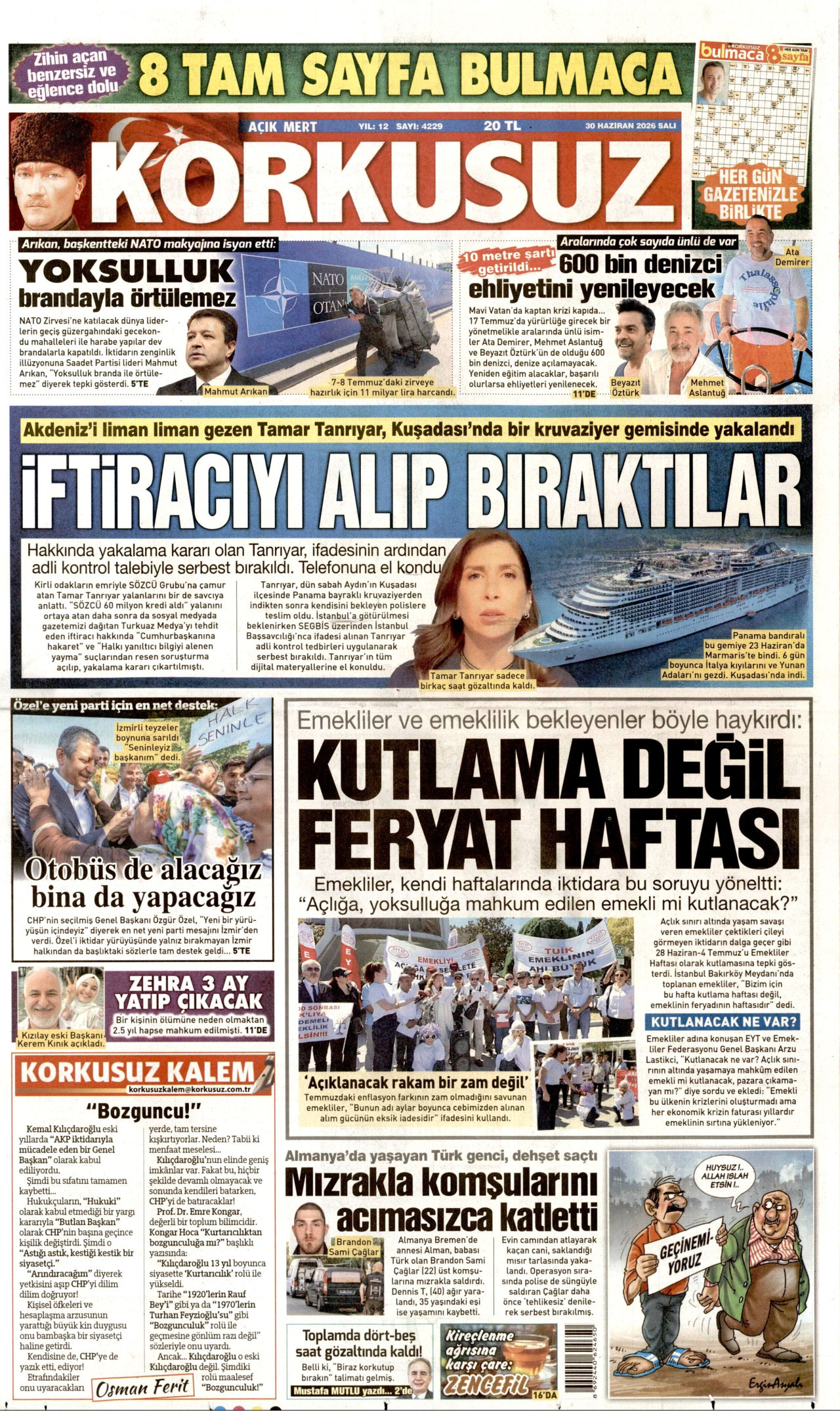 KORKUSUZ gazetesinin 30 Haziran 2026 tarihli birinci sayfası