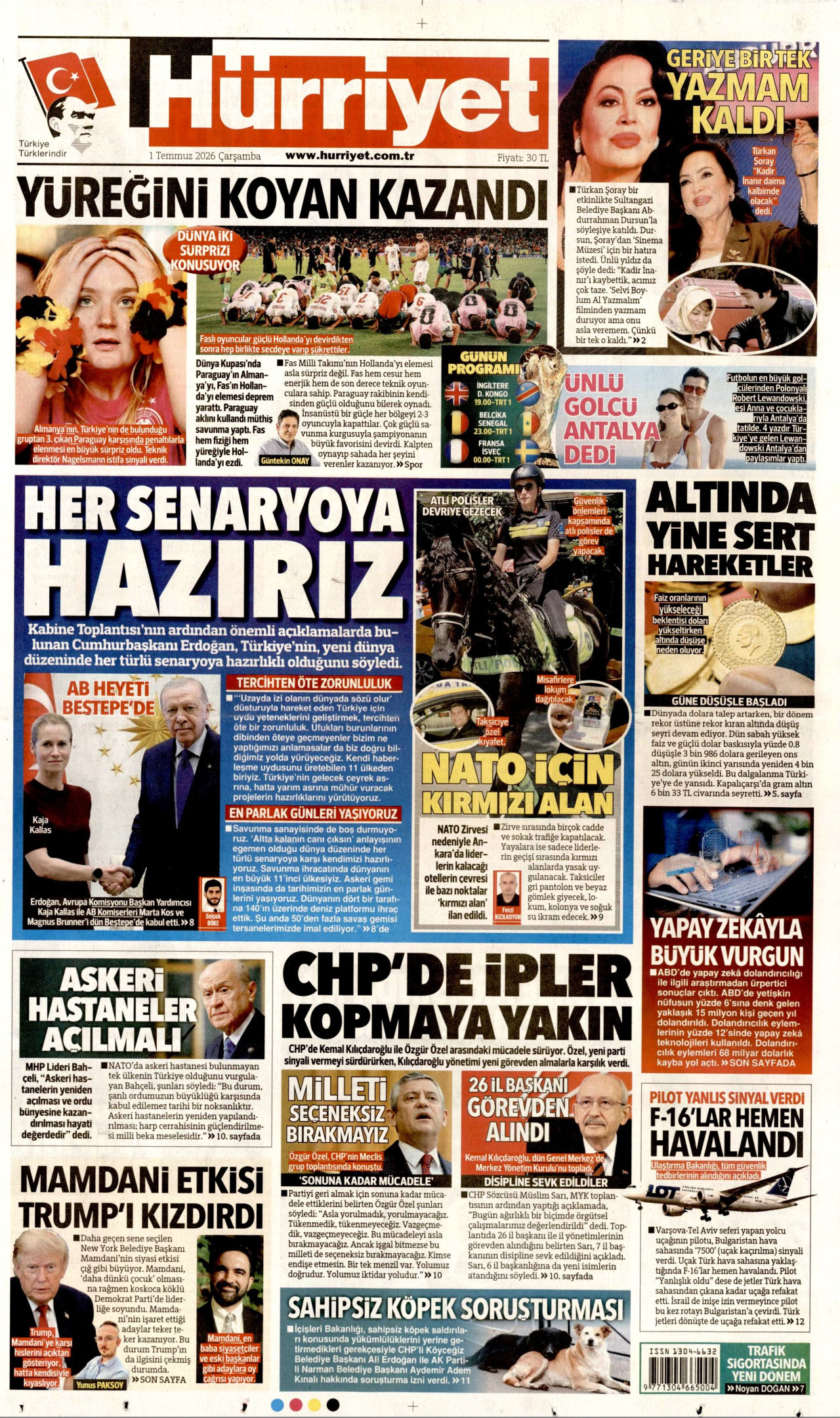 HÜRRİYET gazetesinin 1 Temmuz 2026 tarihli birinci sayfası