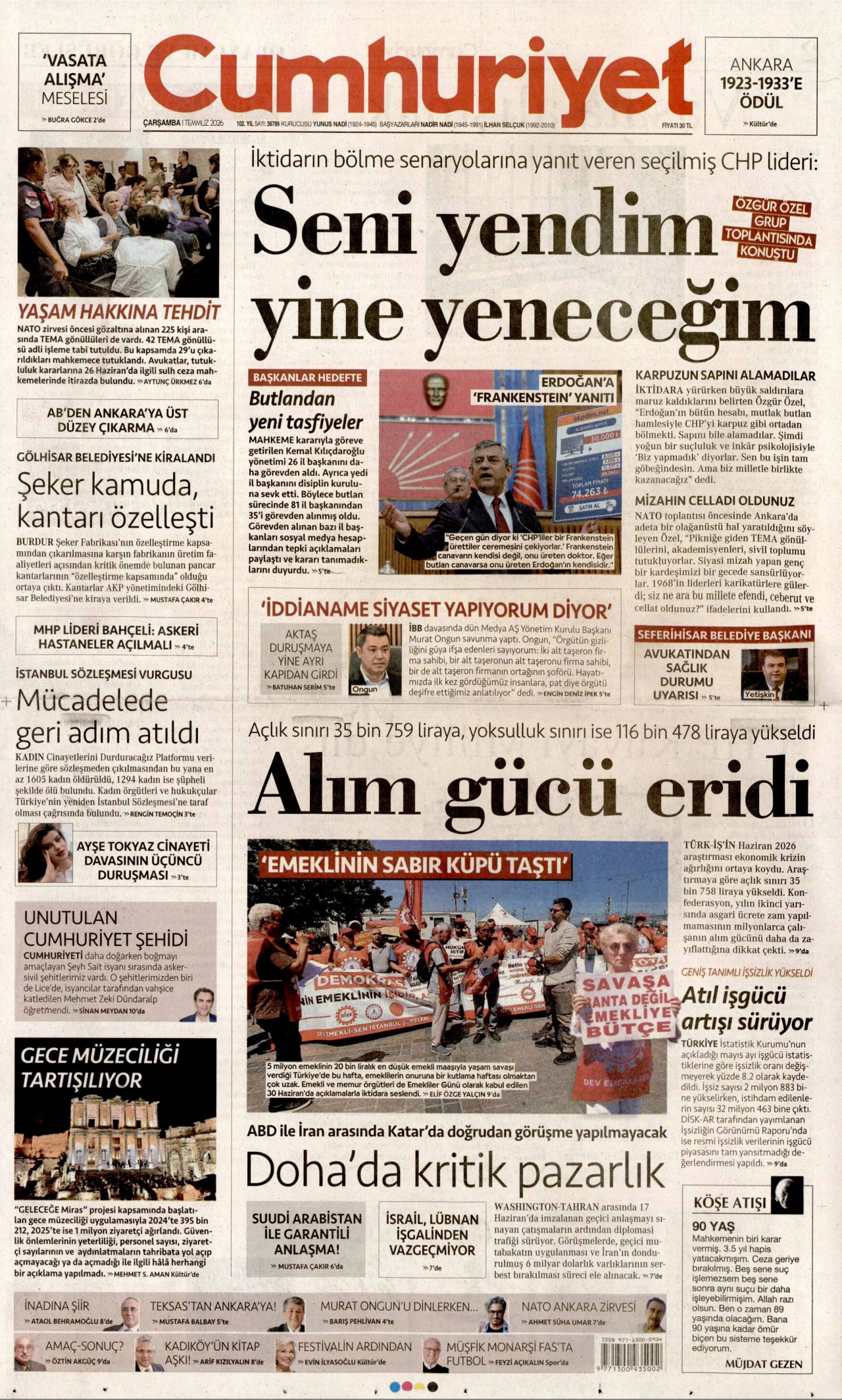 CUMHURİYET gazetesinin 1 Temmuz 2026 tarihli birinci sayfası