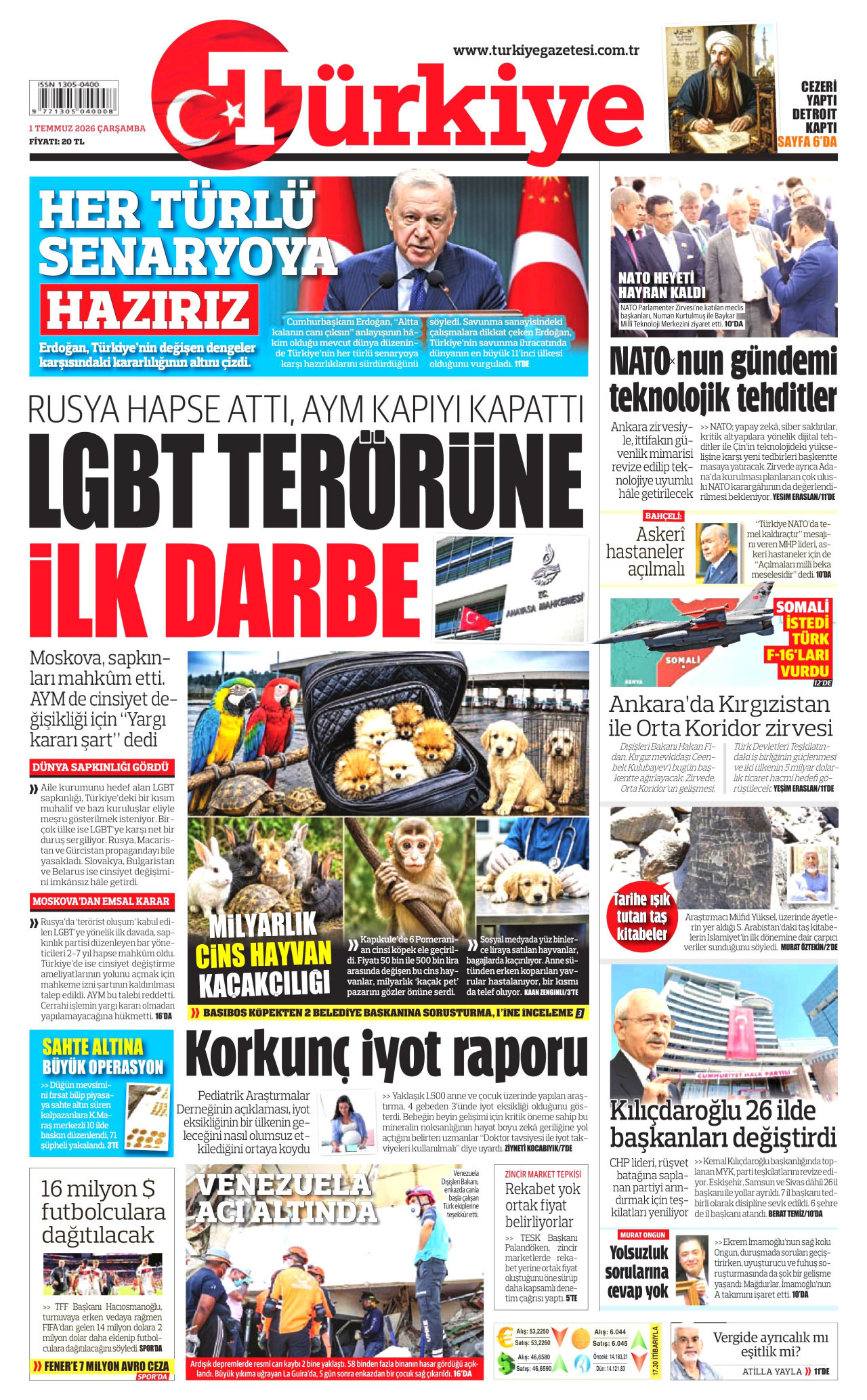 TÜRKİYE GAZETESİ gazetesinin 1 Temmuz 2026 tarihli birinci sayfası