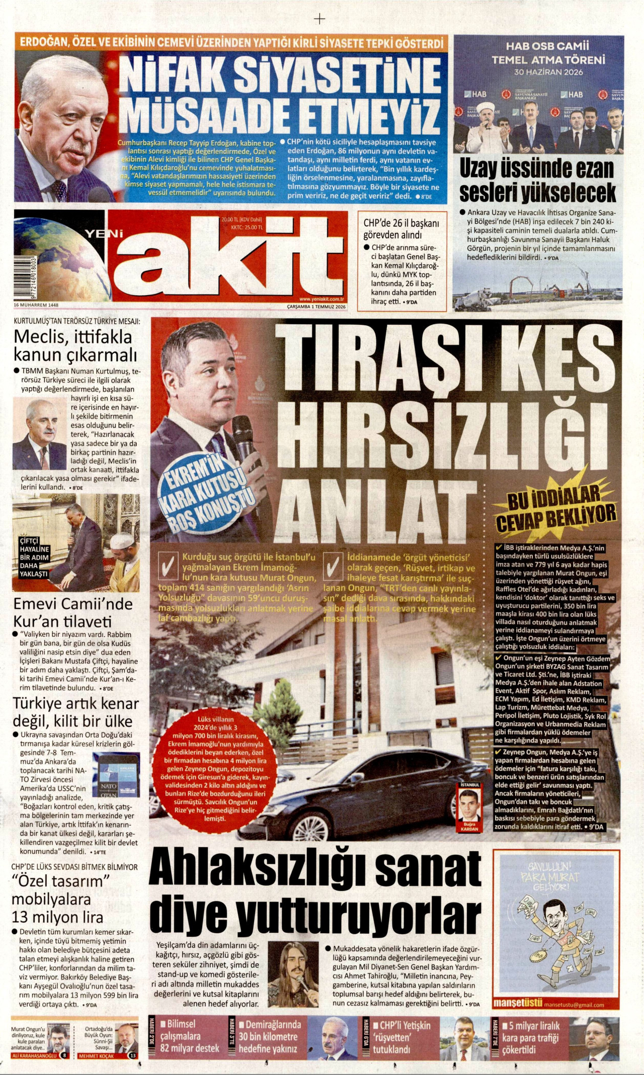 YENİ AKİT gazetesinin 1 Temmuz 2026 tarihli birinci sayfası