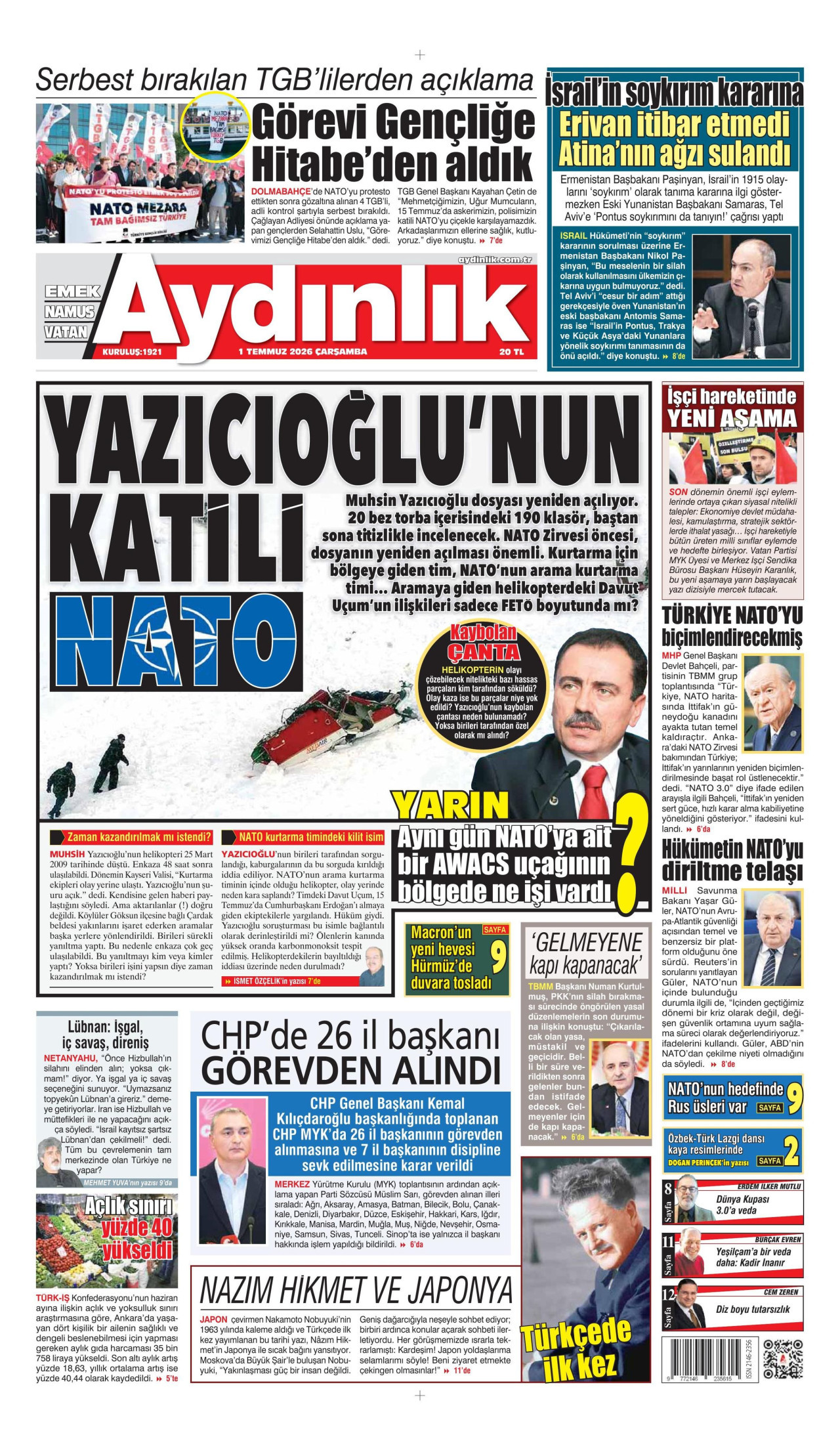 AYDINLIK GAZETESİ gazetesinin 1 Temmuz 2026 tarihli birinci sayfası