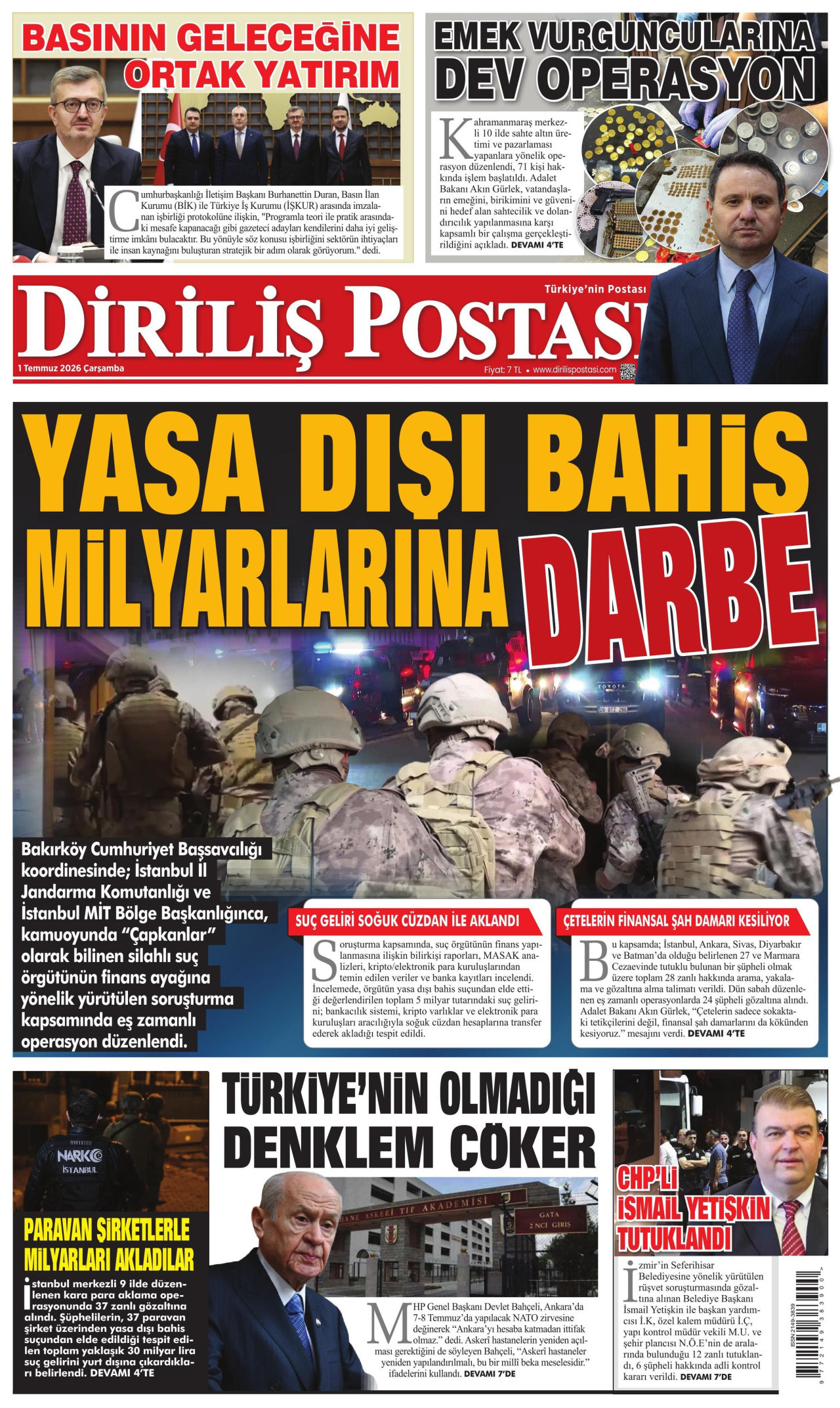 DİRİLİŞ POSTASI gazetesinin 1 Temmuz 2026 tarihli birinci sayfası