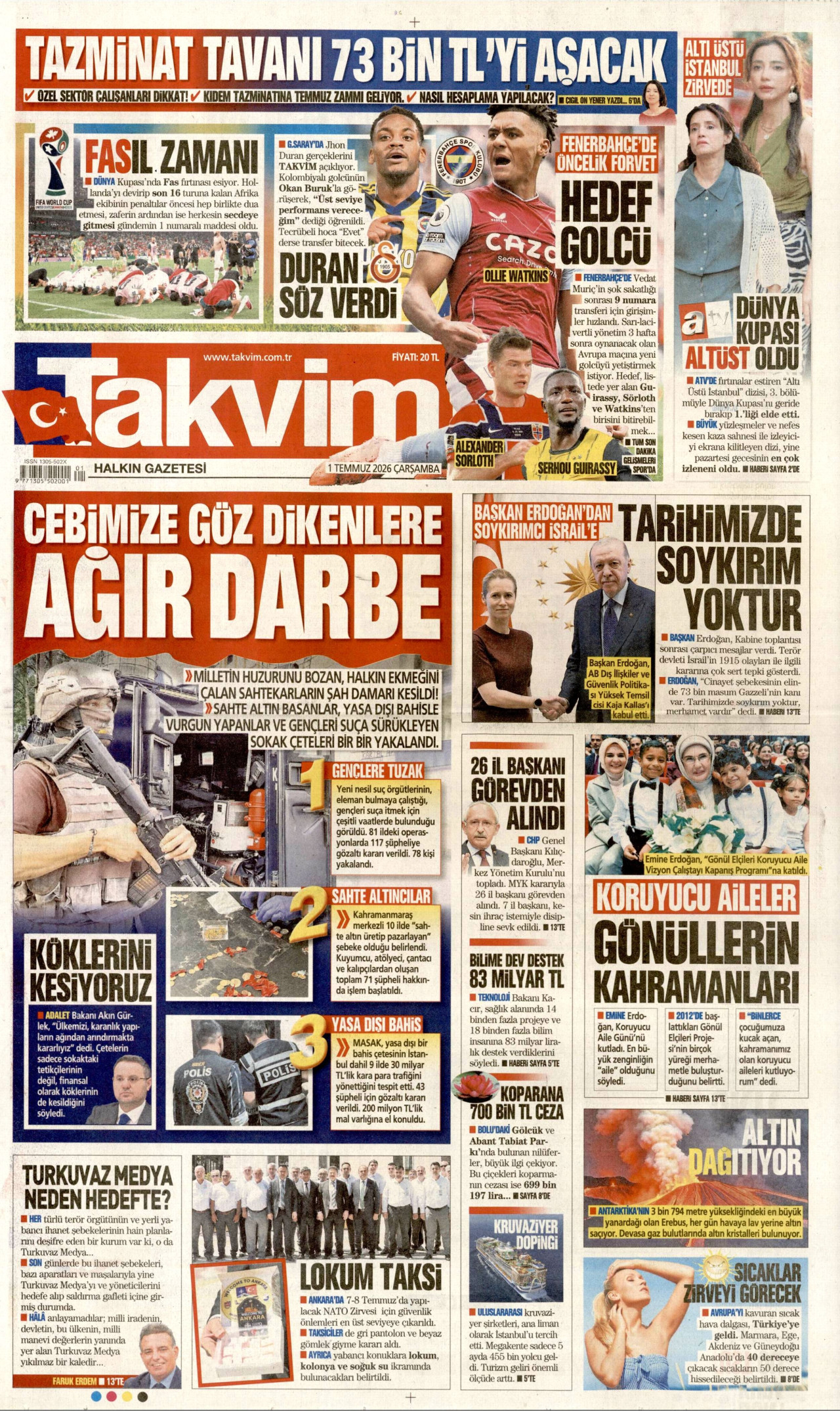 TAKVİM gazetesinin 1 Temmuz 2026 tarihli birinci sayfası