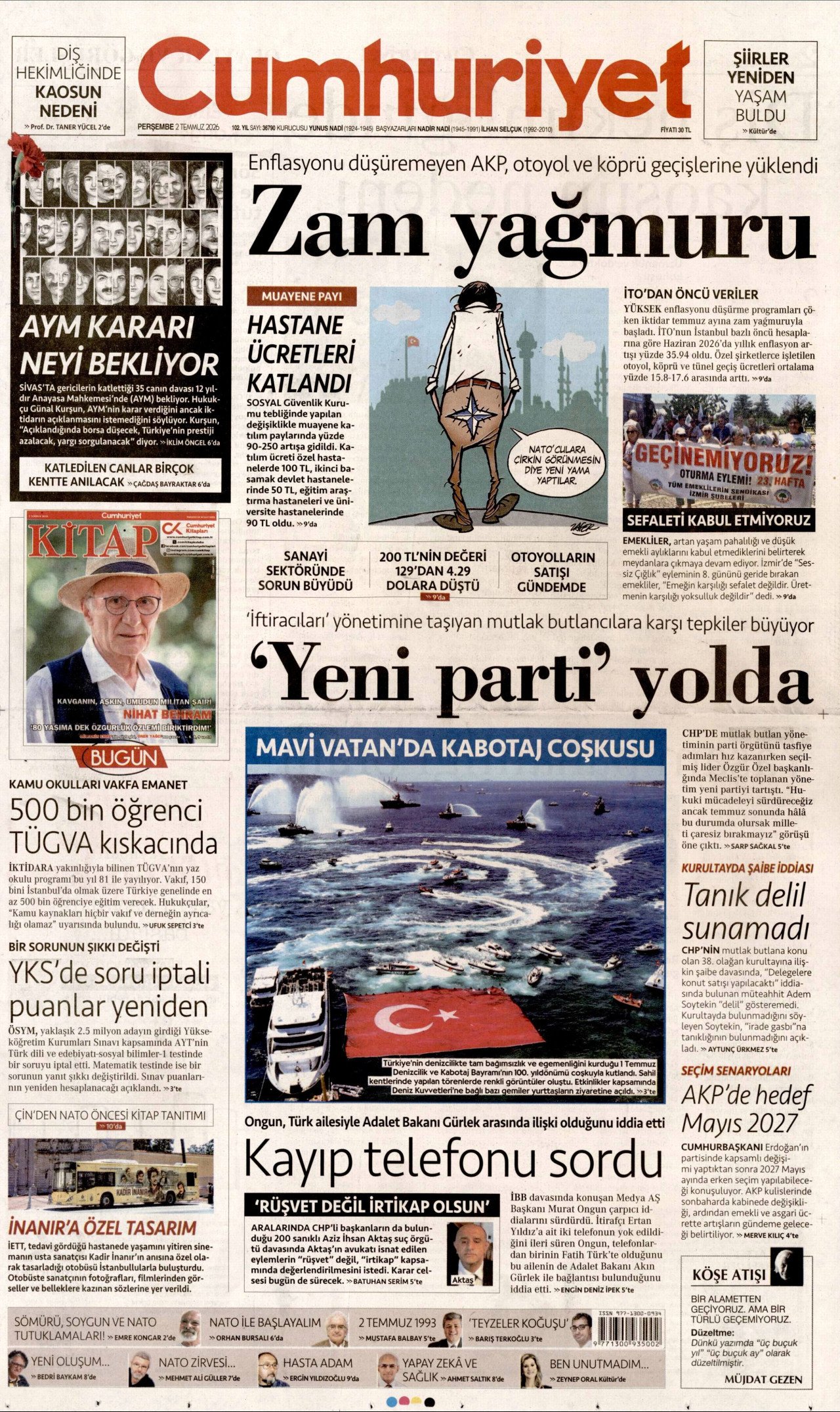 CUMHURİYET gazetesinin 2 Temmuz 2026 tarihli birinci sayfası
