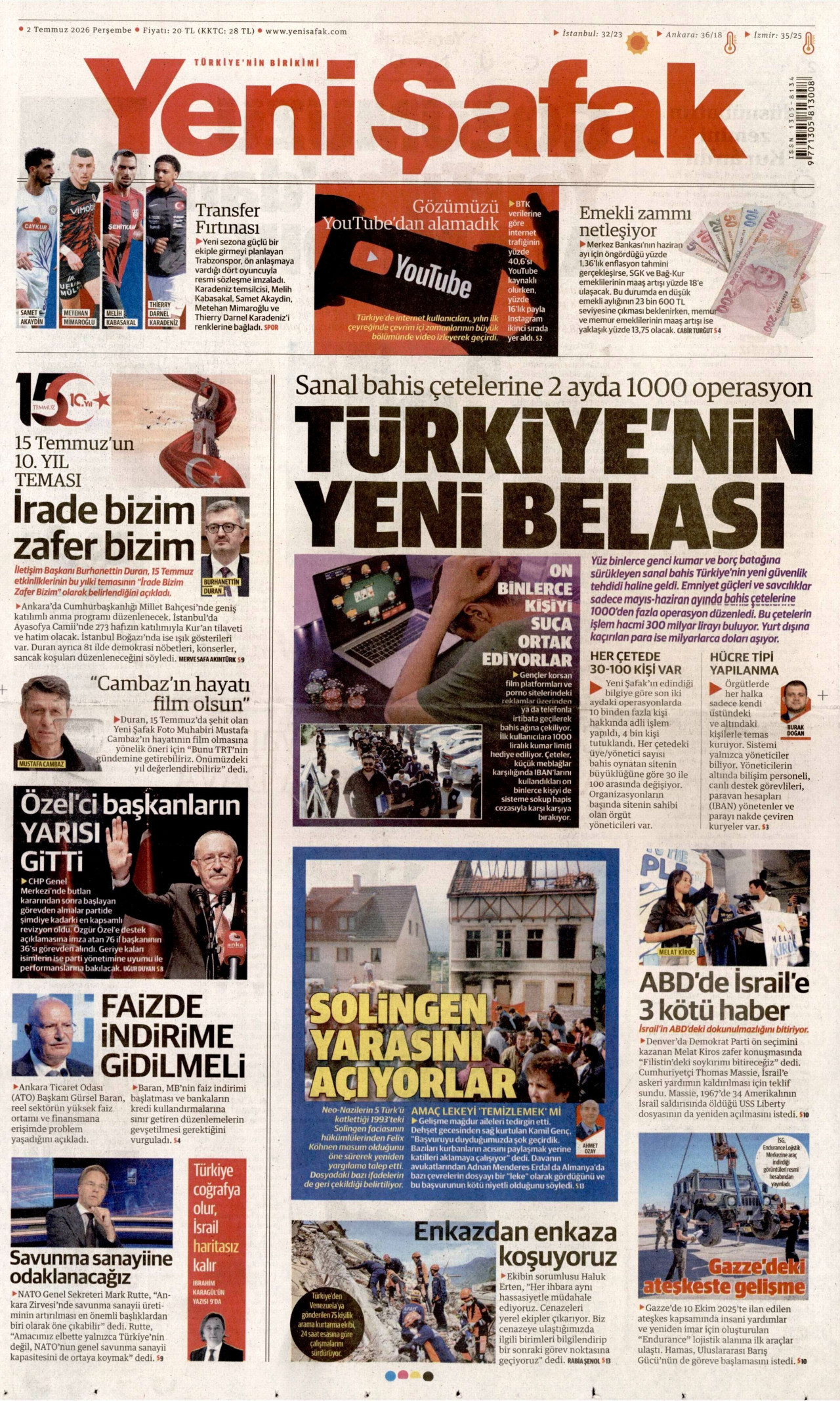 YENİ ŞAFAK gazetesinin 2 Temmuz 2026 tarihli birinci sayfası
