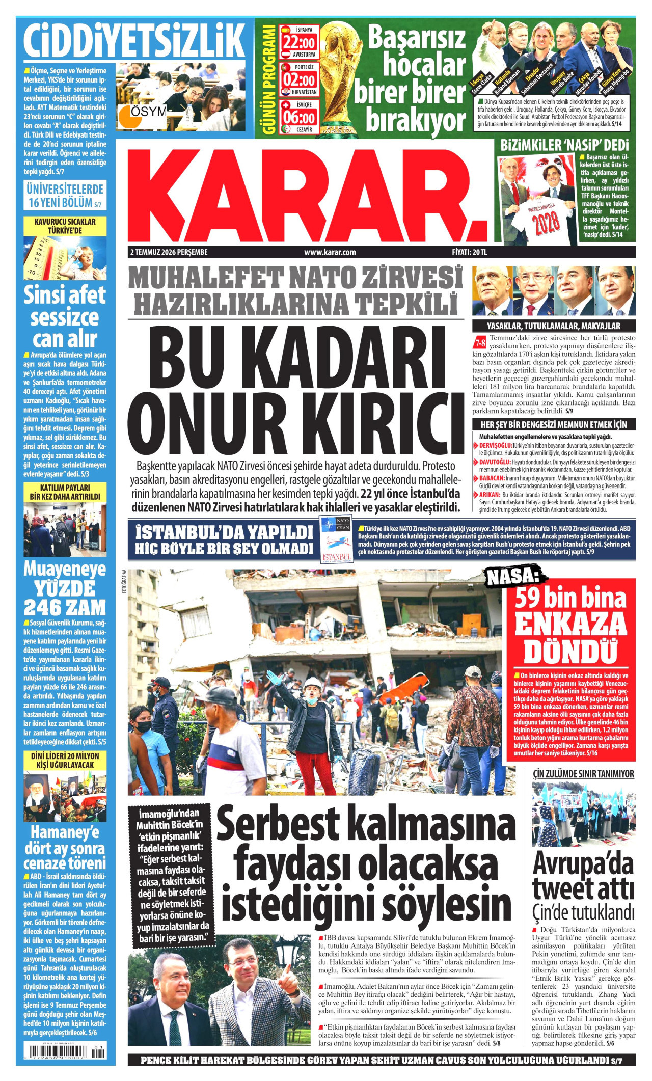 KARAR gazetesinin 2 Temmuz 2026 tarihli birinci sayfası