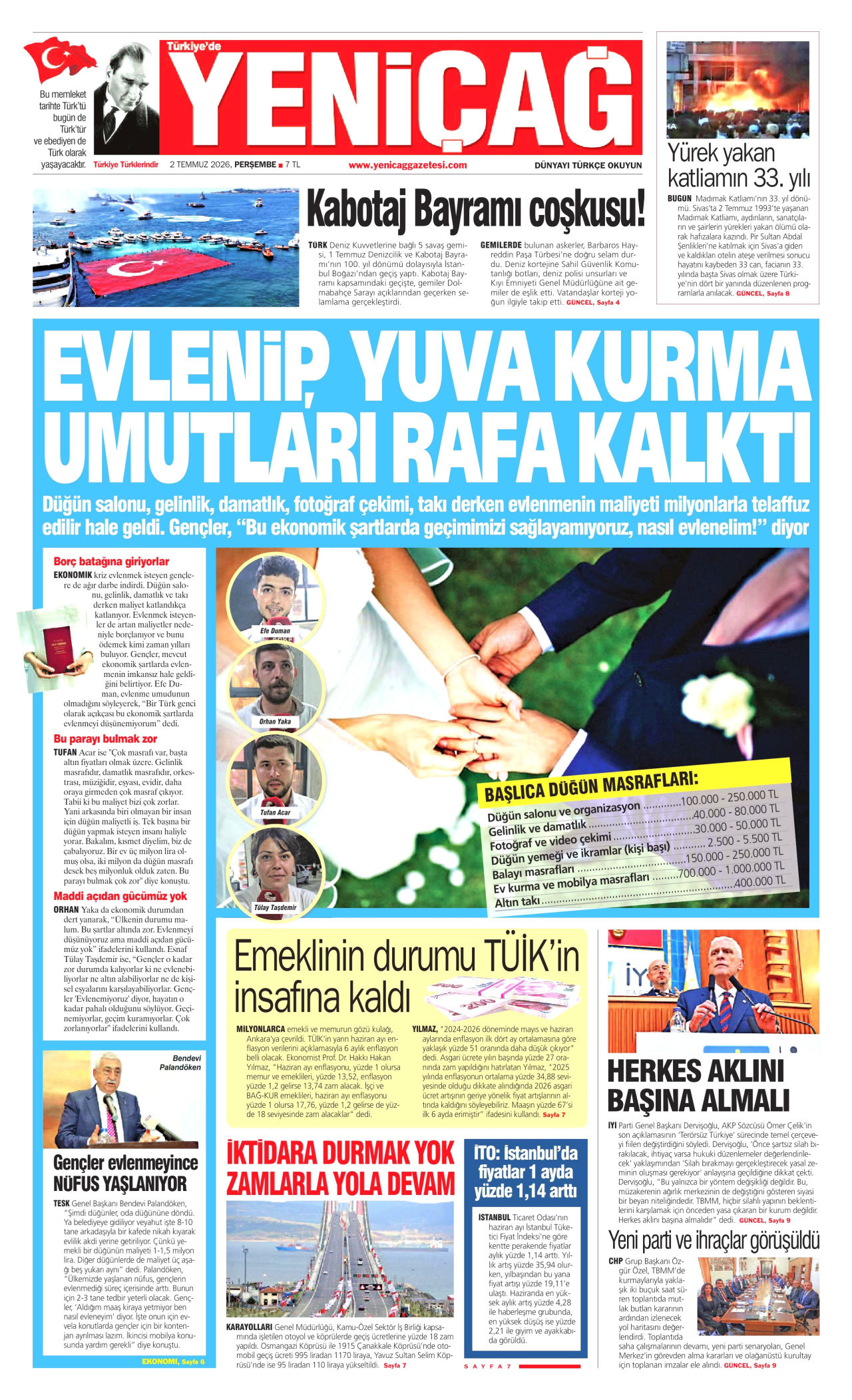 YENİÇAĞ gazetesinin 2 Temmuz 2026 tarihli birinci sayfası