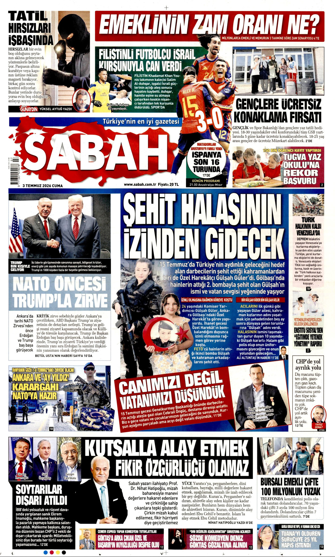 SABAH gazetesinin 3 Temmuz 2026 tarihli birinci sayfası