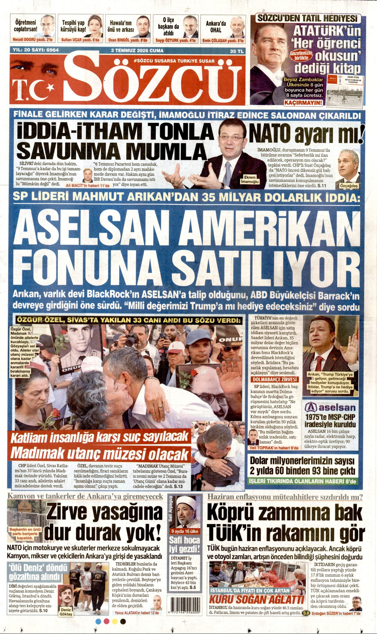 SÖZCÜ gazetesinin 3 Temmuz 2026 tarihli birinci sayfası