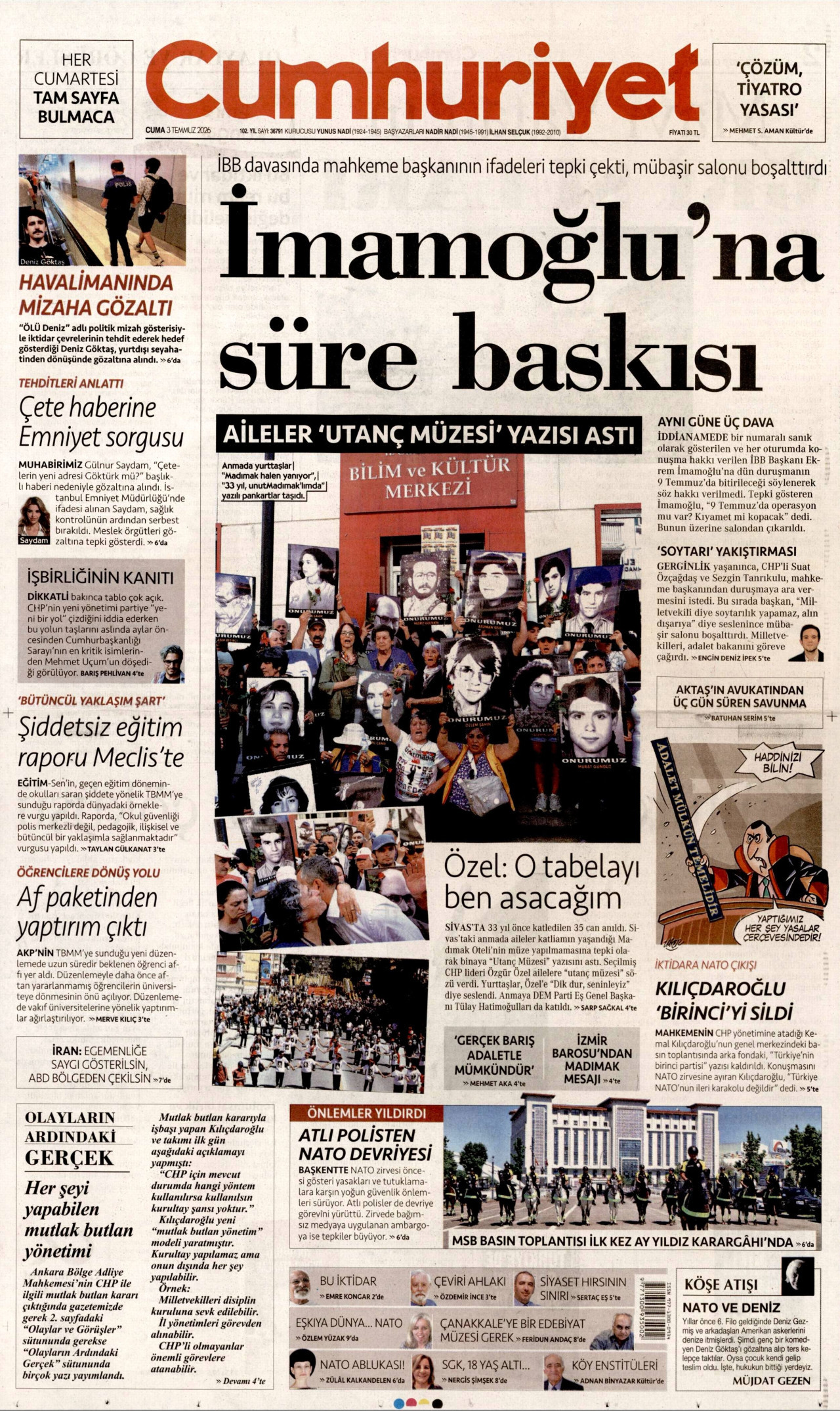 CUMHURİYET gazetesinin 3 Temmuz 2026 tarihli birinci sayfası