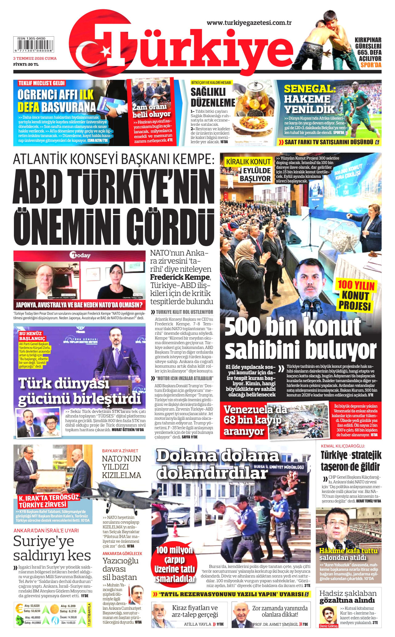 TÜRKİYE GAZETESİ gazetesinin 3 Temmuz 2026 tarihli birinci sayfası