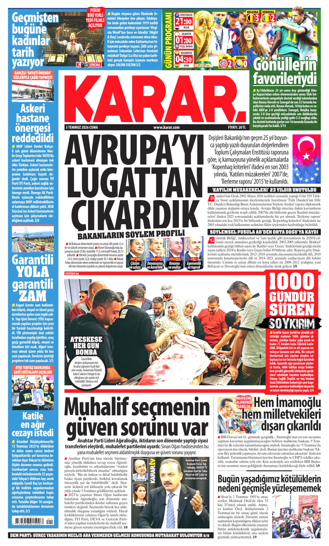 KARAR gazetesinin 3 Temmuz 2026 tarihli birinci sayfası