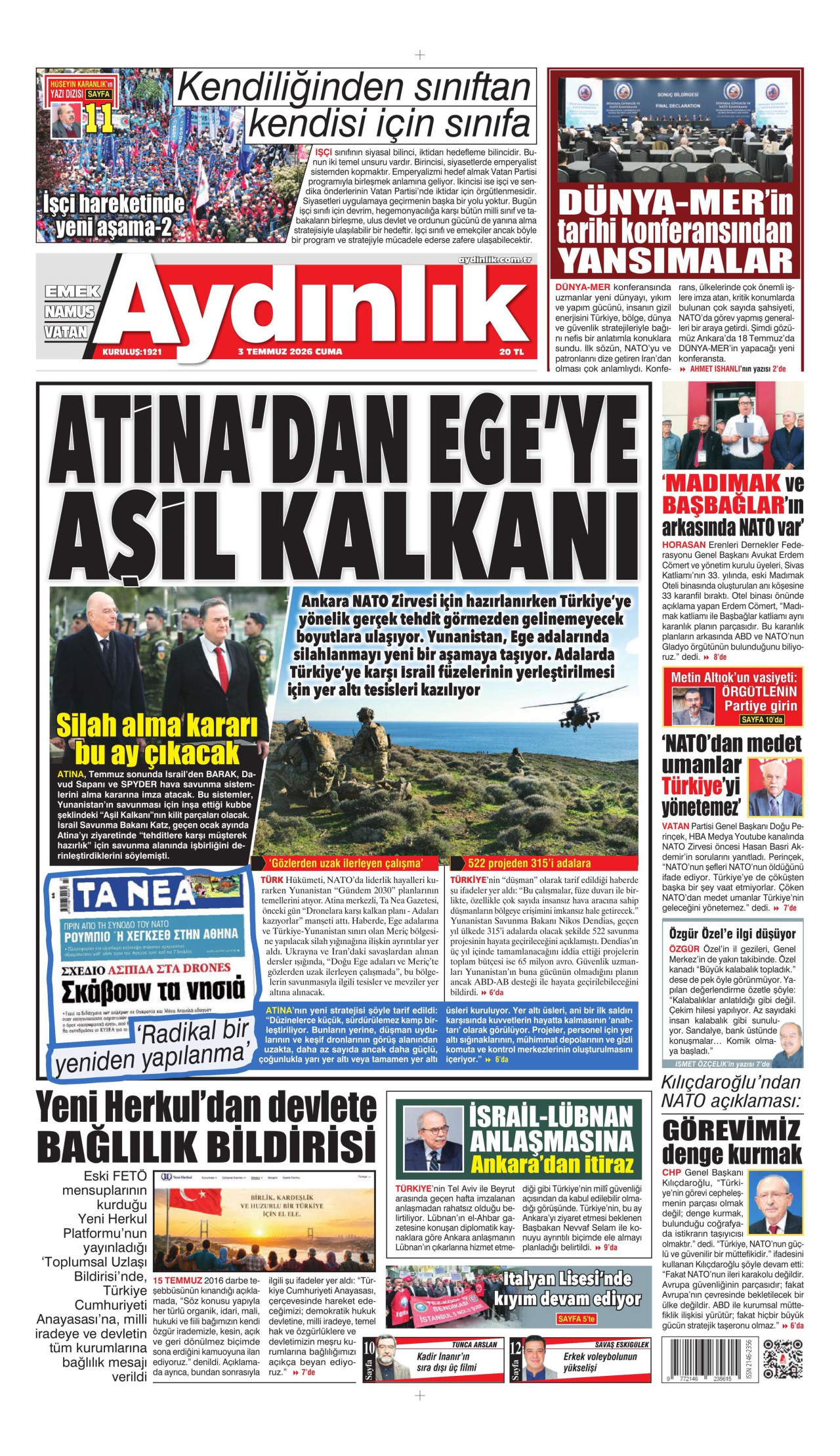 AYDINLIK GAZETESİ gazetesinin 3 Temmuz 2026 tarihli birinci sayfası