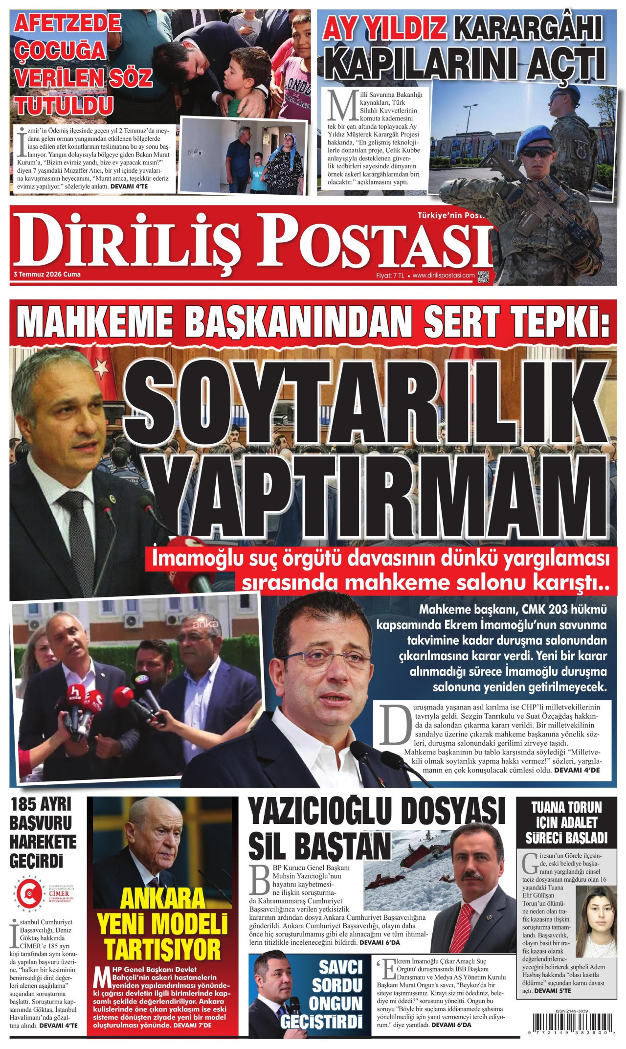 DİRİLİŞ POSTASI gazetesinin 3 Temmuz 2026 tarihli birinci sayfası