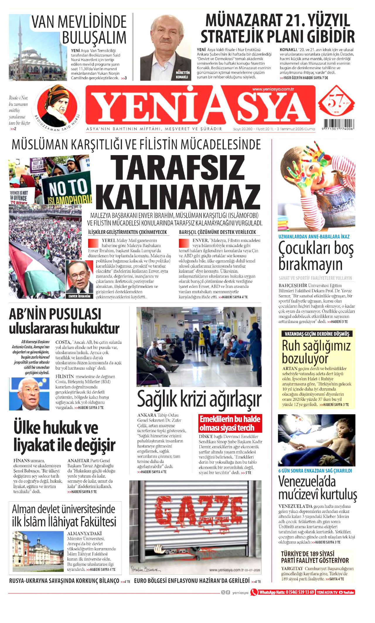 YENİ ASYA gazetesinin 3 Temmuz 2026 tarihli birinci sayfası