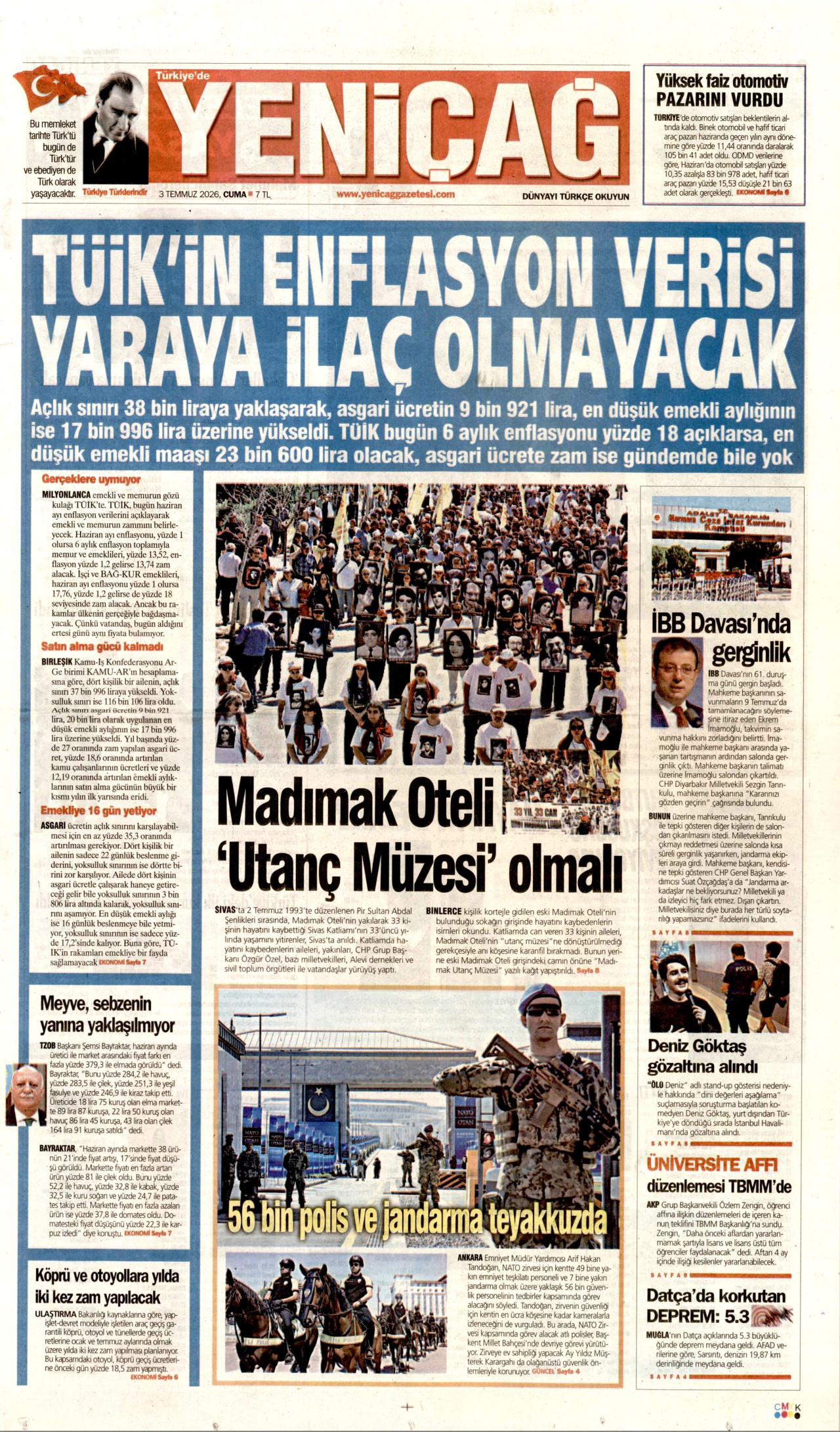 YENİÇAĞ gazetesinin 3 Temmuz 2026 tarihli birinci sayfası