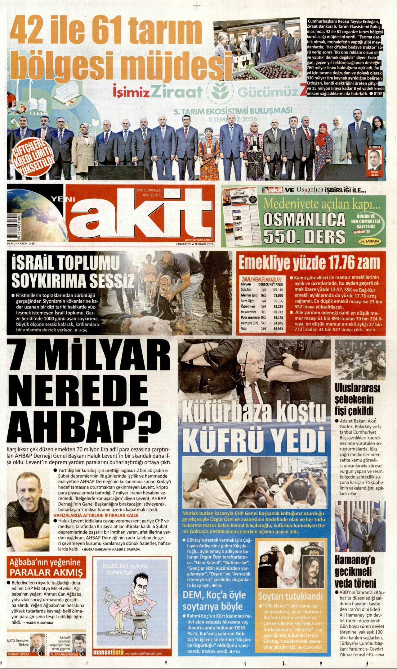 YENİ AKİT gazetesinin 4 Temmuz 2026 tarihli birinci sayfası