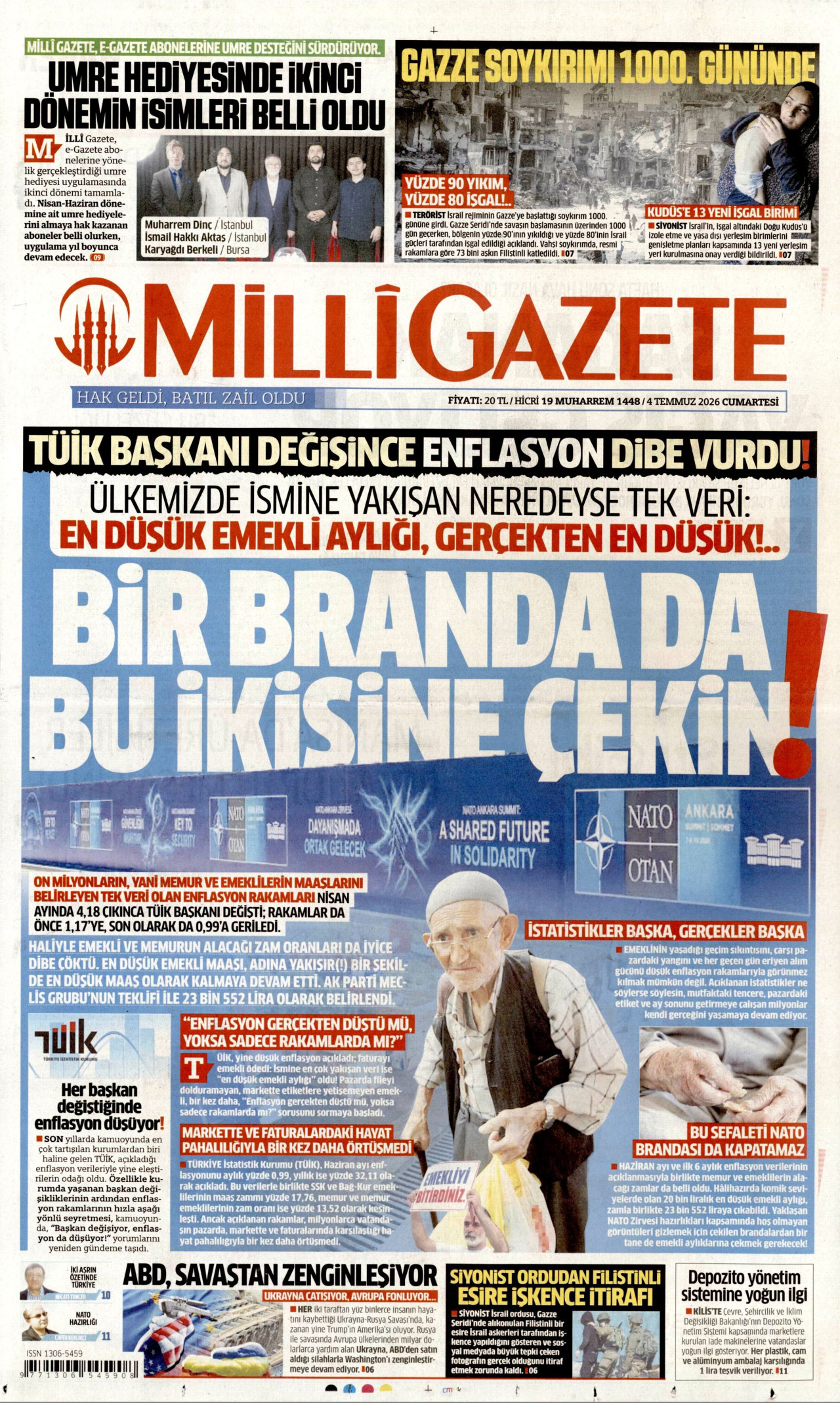 MİLLİ GAZETE gazetesinin 4 Temmuz 2026 tarihli birinci sayfası