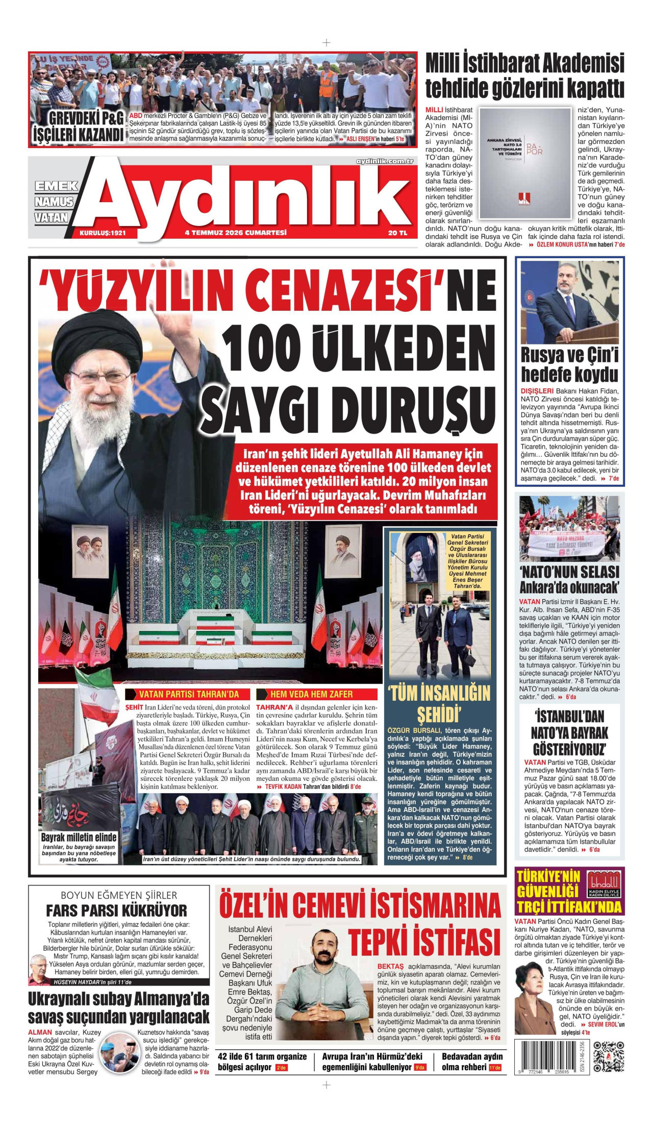 AYDINLIK GAZETESİ gazetesinin 4 Temmuz 2026 tarihli birinci sayfası