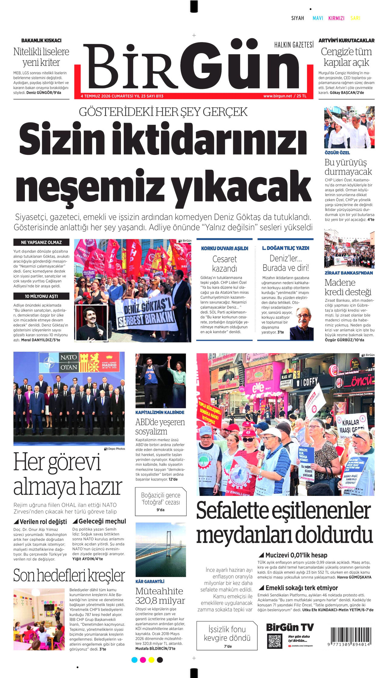 BİRGÜN gazetesinin 4 Temmuz 2026 tarihli birinci sayfası