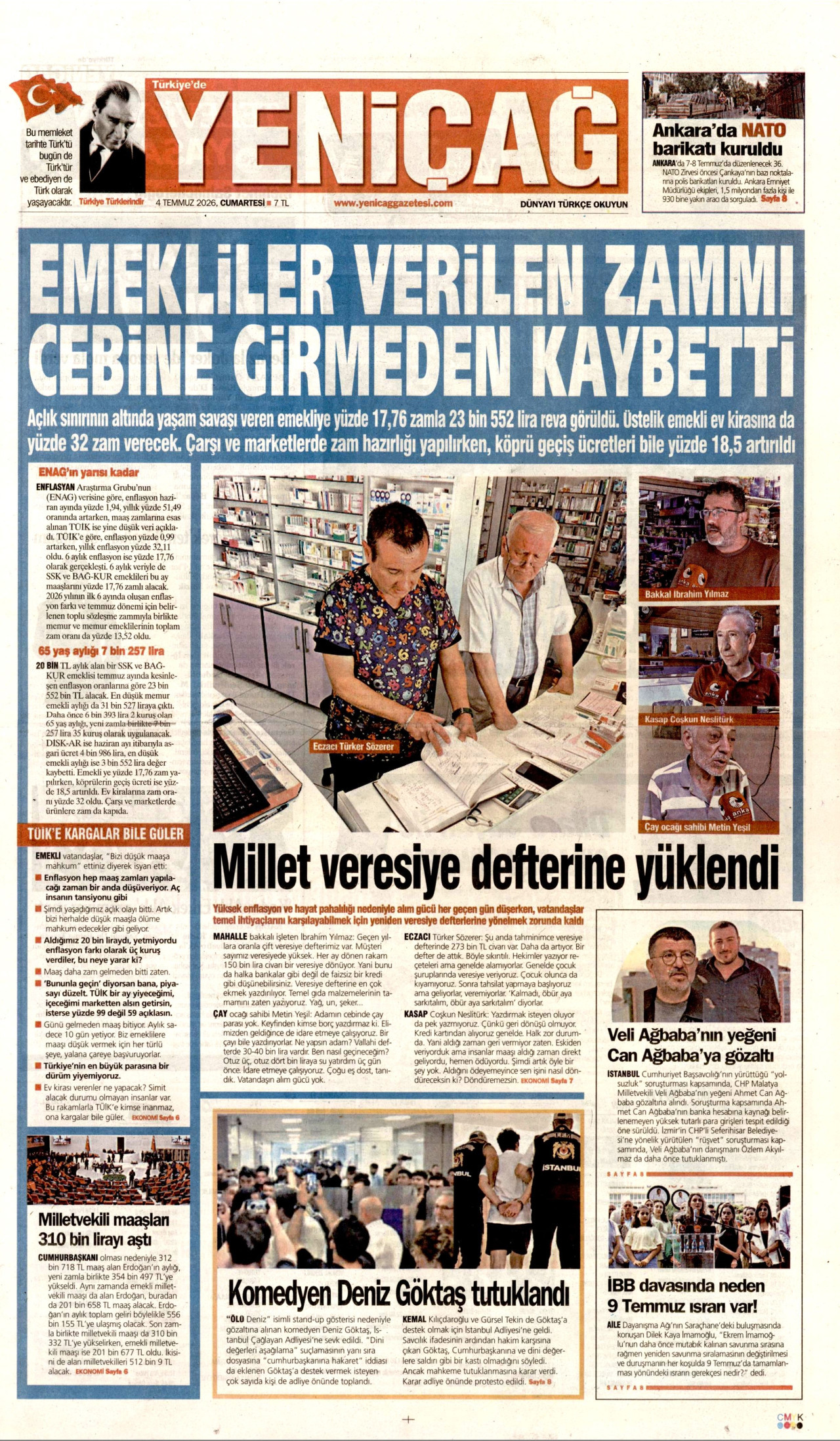 YENİÇAĞ gazetesinin 4 Temmuz 2026 tarihli birinci sayfası