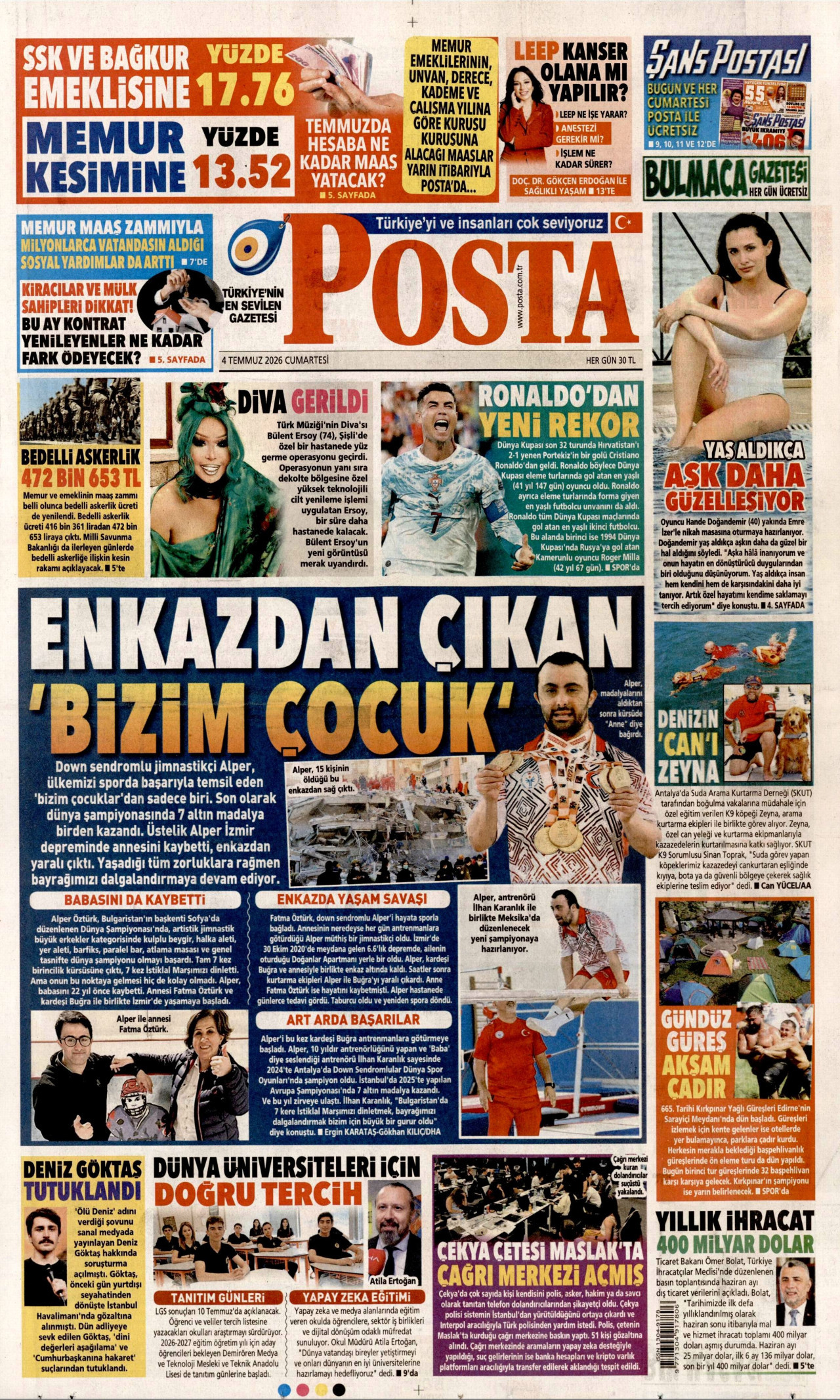 POSTA gazetesinin 4 Temmuz 2026 tarihli birinci sayfası