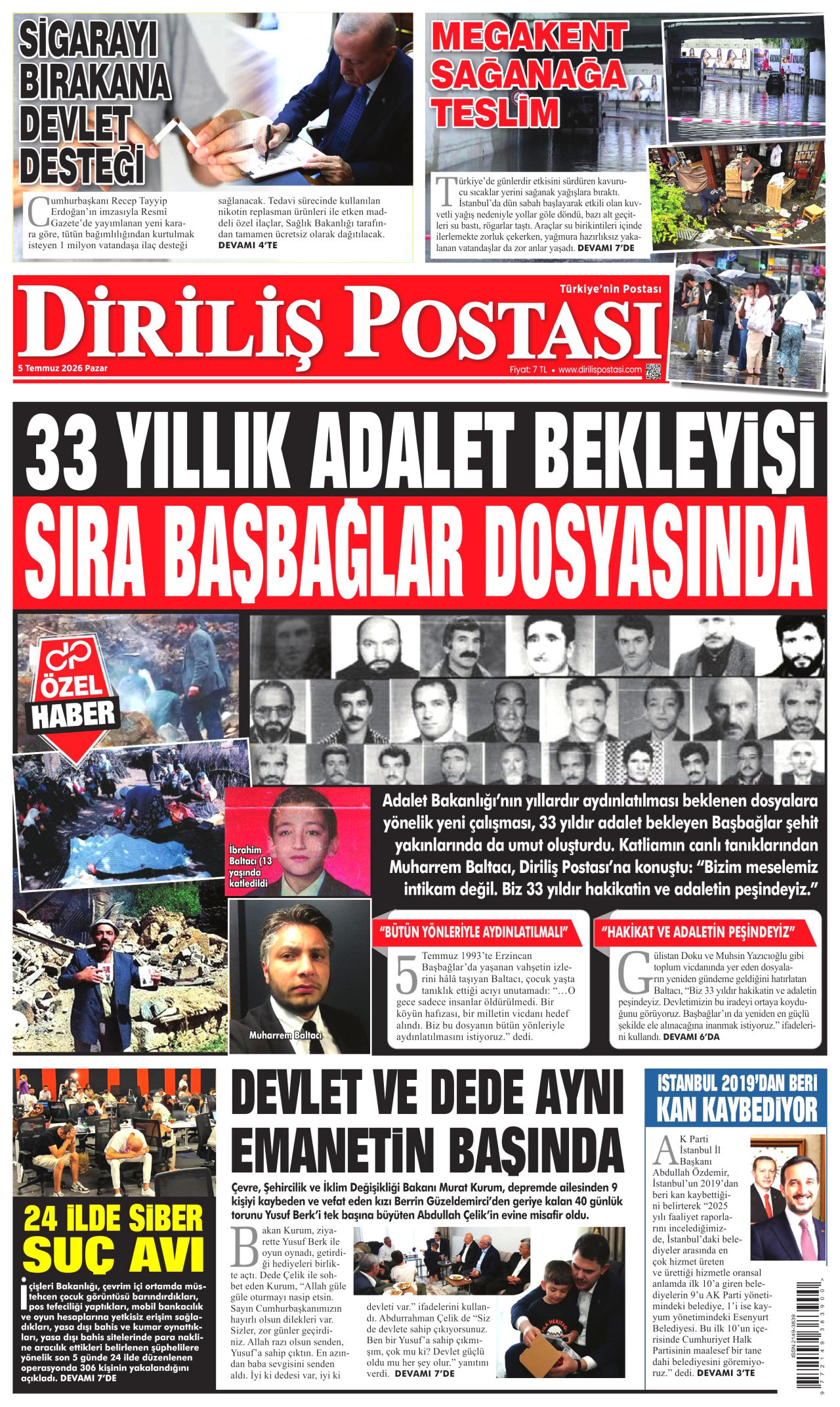 DİRİLİŞ POSTASI gazetesinin 5 Temmuz 2026 tarihli birinci sayfası