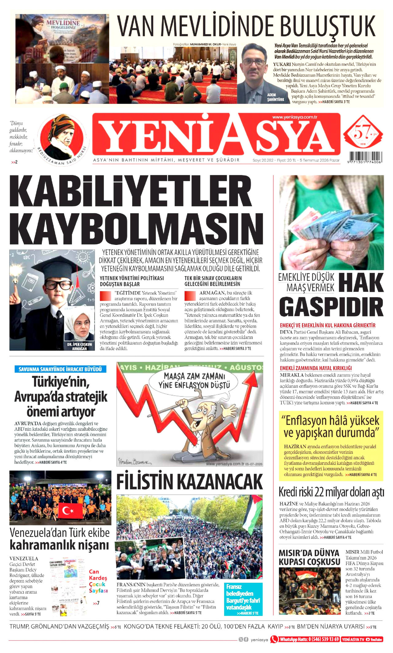 YENİ ASYA gazetesinin 5 Temmuz 2026 tarihli birinci sayfası