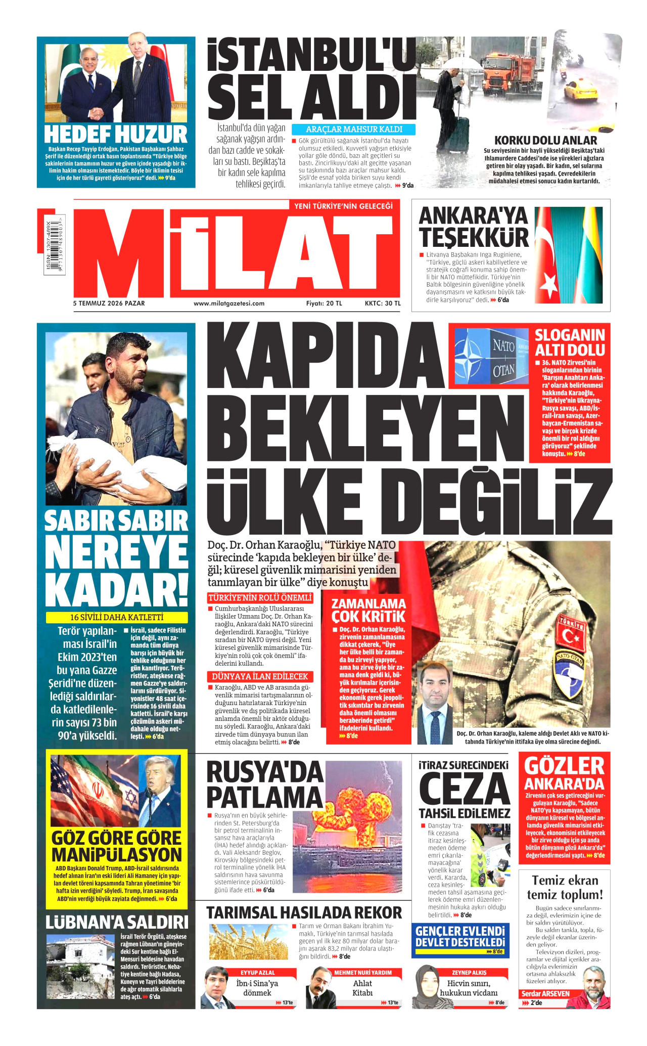 MİLAT gazetesinin 5 Temmuz 2026 tarihli birinci sayfası