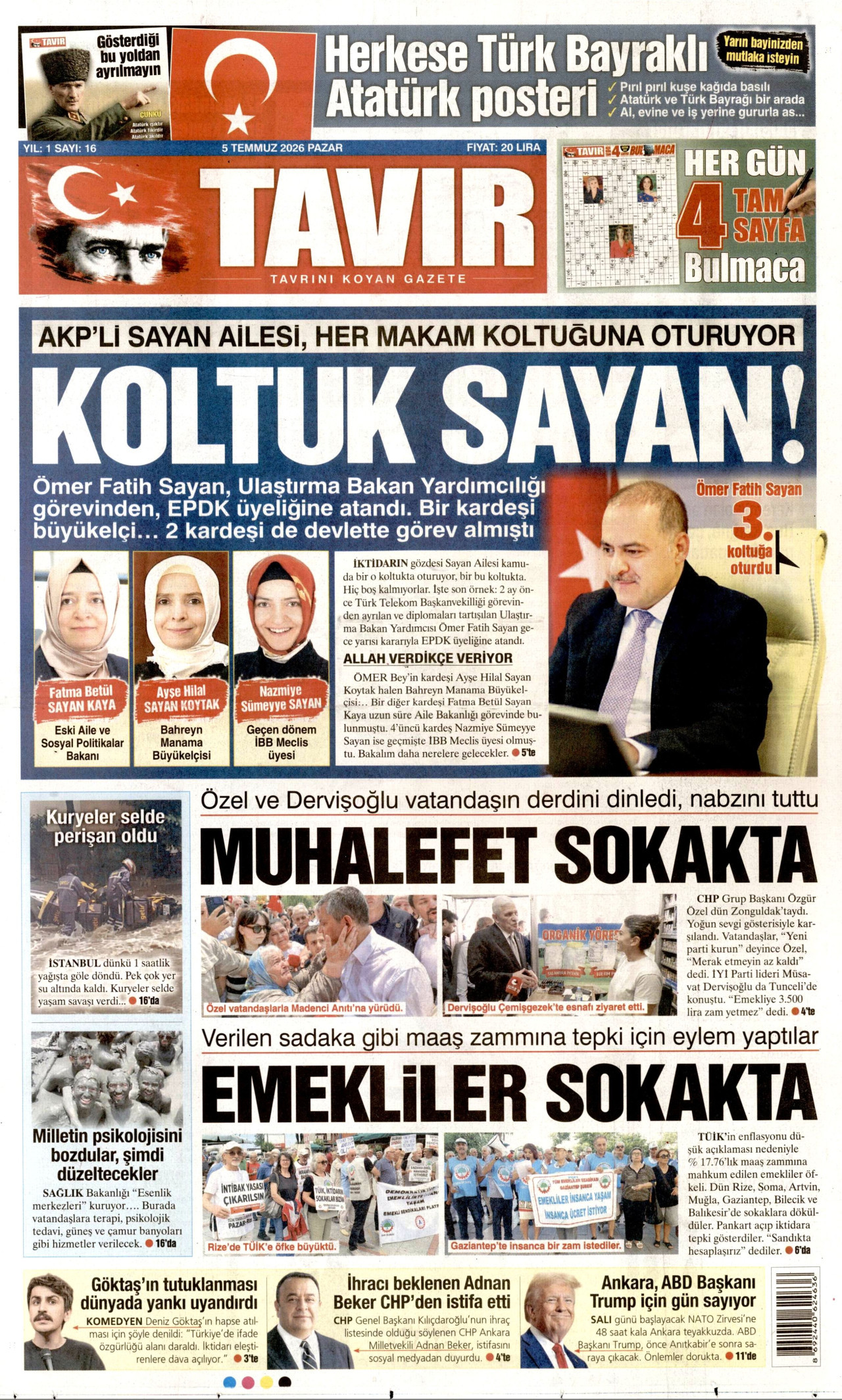 TAVIR GAZETESİ gazetesinin 5 Temmuz 2026 tarihli birinci sayfası
