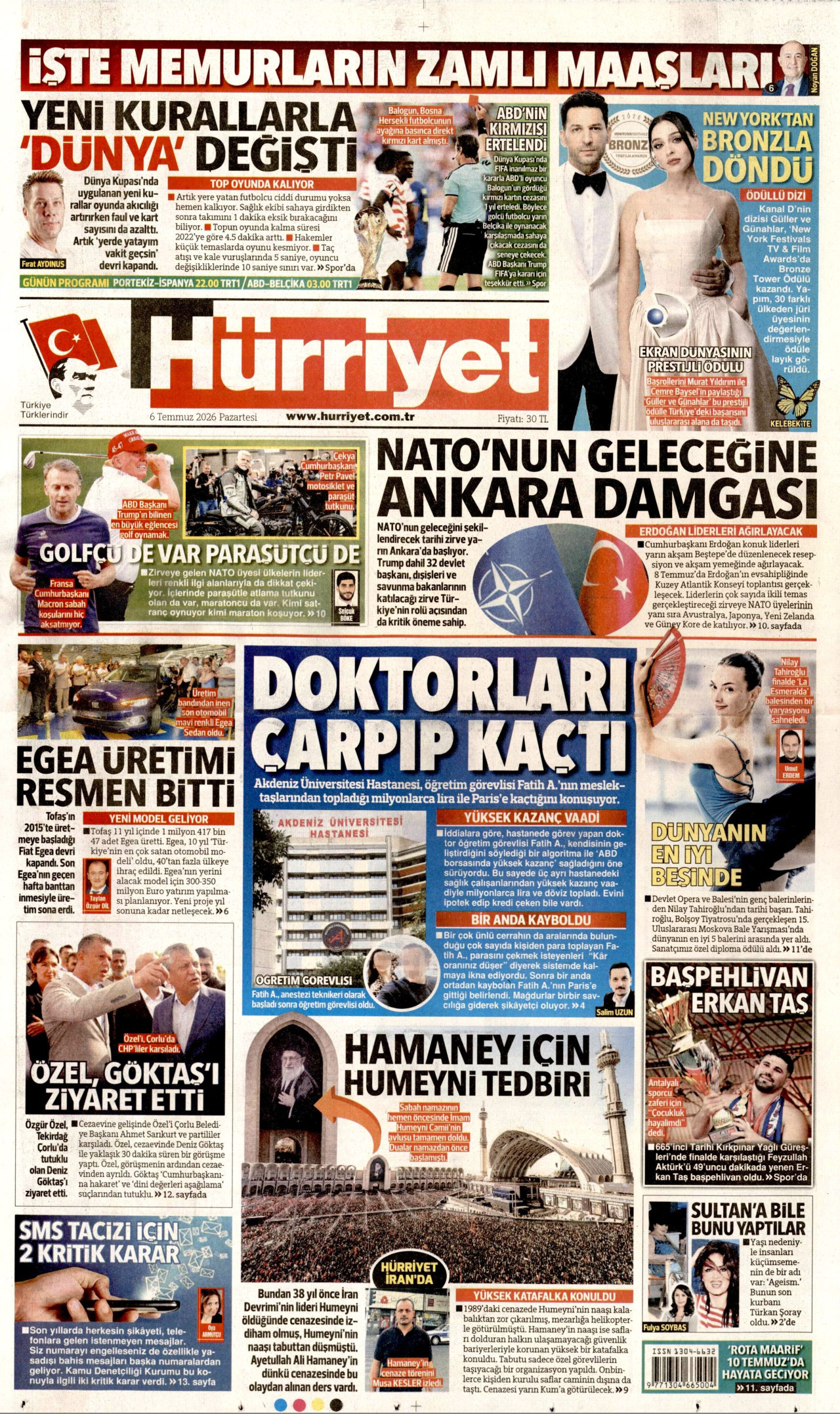 HÜRRİYET gazetesinin 6 Temmuz 2026 tarihli birinci sayfası