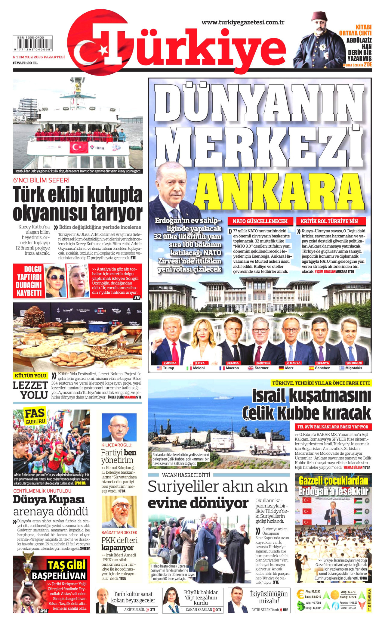 TÜRKİYE GAZETESİ gazetesinin 6 Temmuz 2026 tarihli birinci sayfası