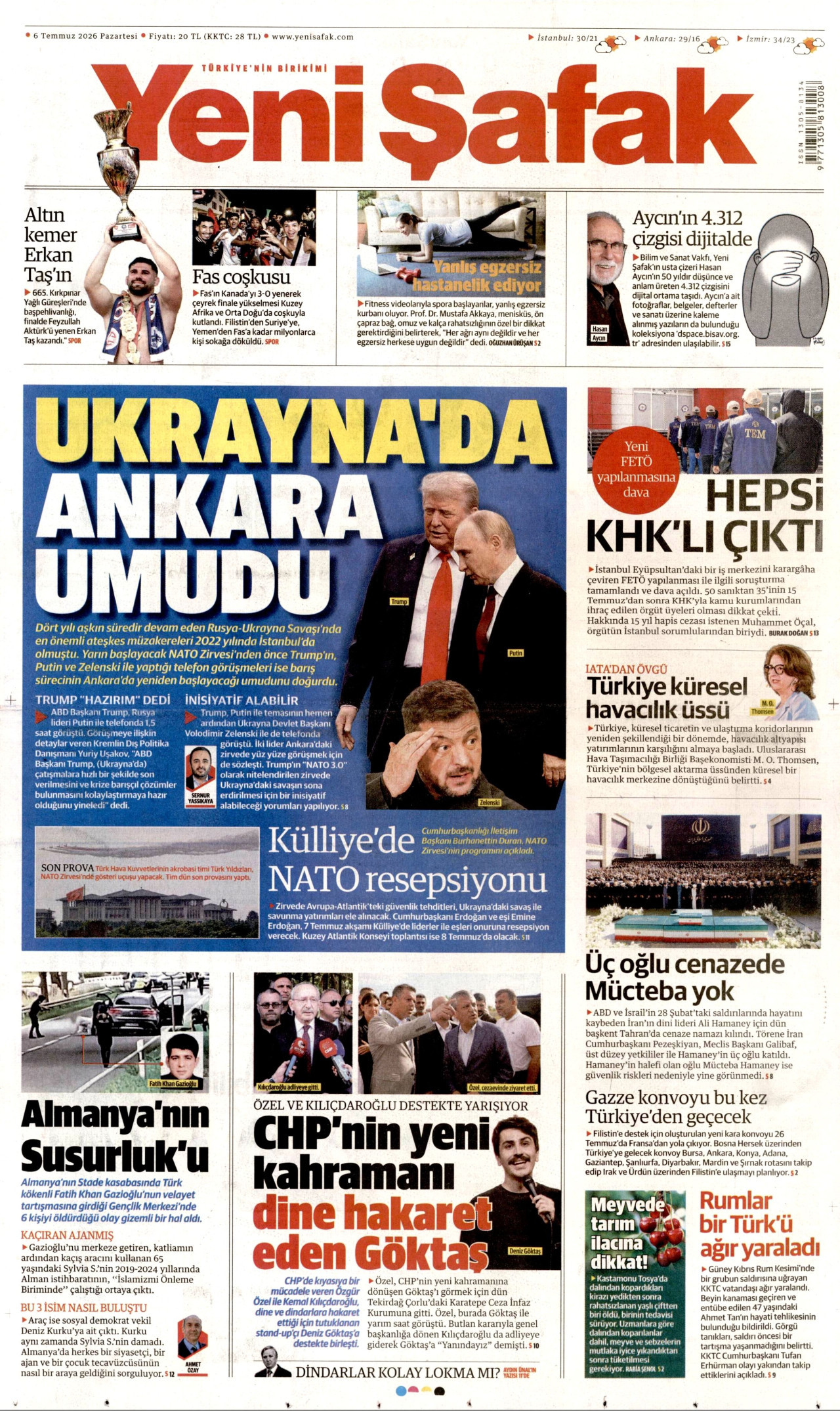 YENİ ŞAFAK gazetesinin 6 Temmuz 2026 tarihli birinci sayfası