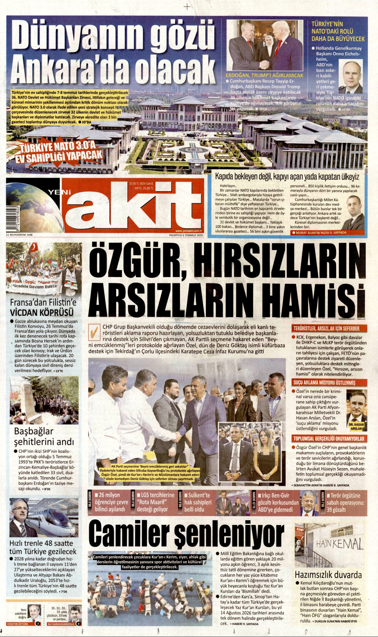YENİ AKİT gazetesinin 6 Temmuz 2026 tarihli birinci sayfası