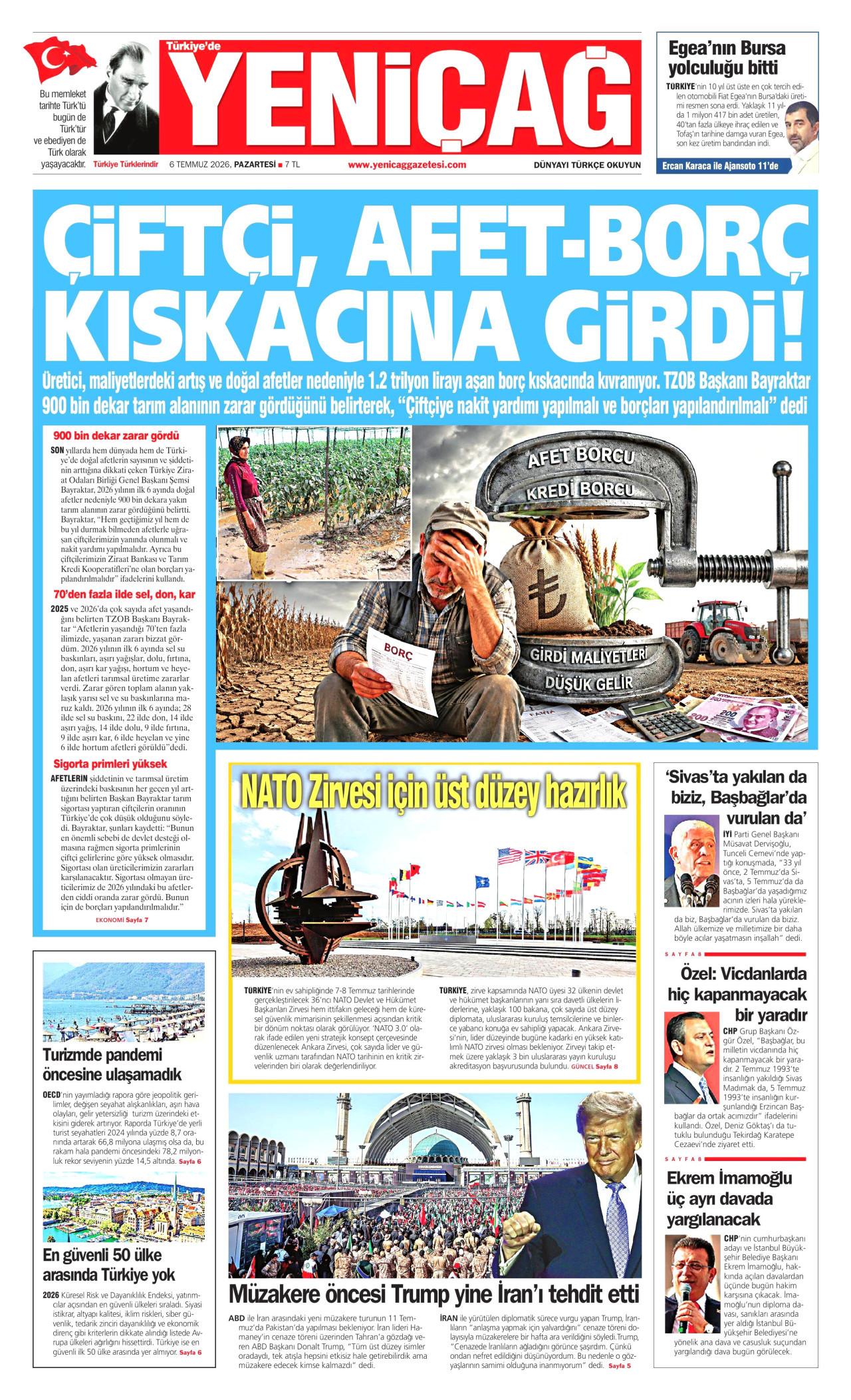 YENİÇAĞ gazetesinin 6 Temmuz 2026 tarihli birinci sayfası