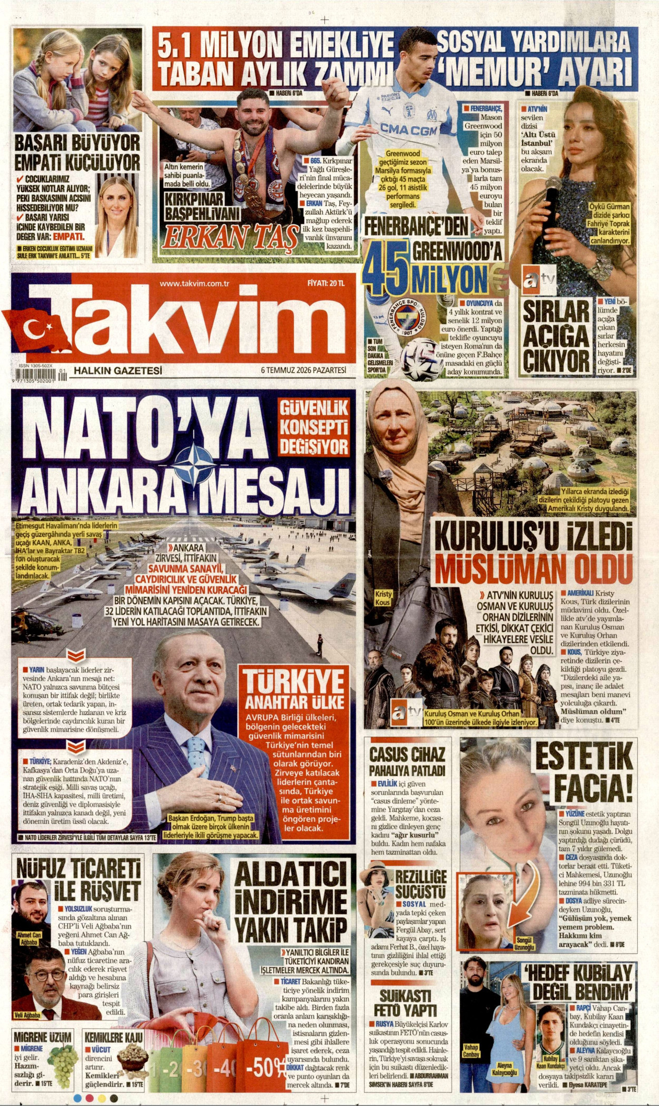 TAKVİM gazetesinin 6 Temmuz 2026 tarihli birinci sayfası