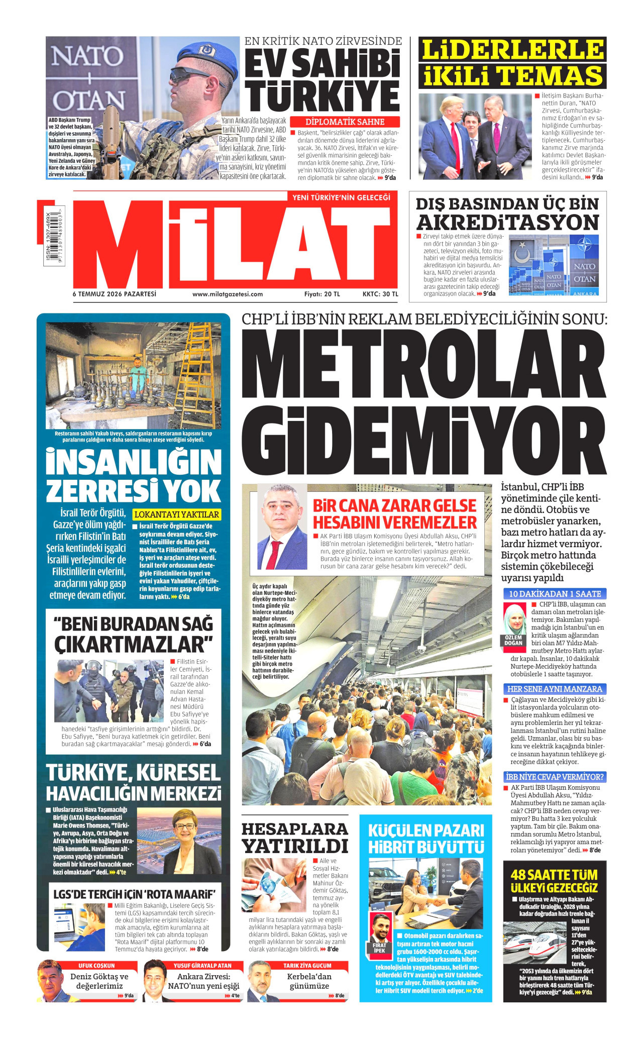 MİLAT gazetesinin 6 Temmuz 2026 tarihli birinci sayfası
