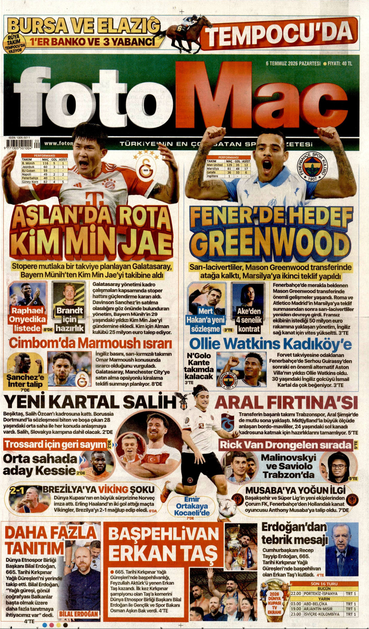 FOTOMAÇ gazetesinin 6 Temmuz 2026 tarihli birinci sayfası