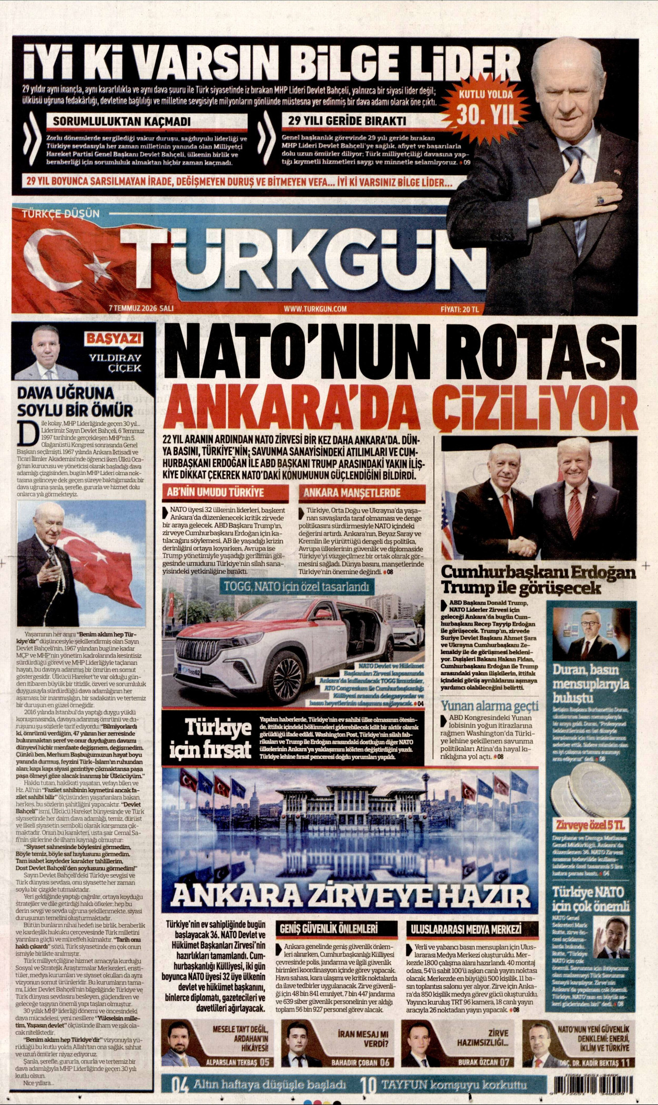 TÜRKGÜN gazetesinin 7 Temmuz 2026 tarihli birinci sayfası