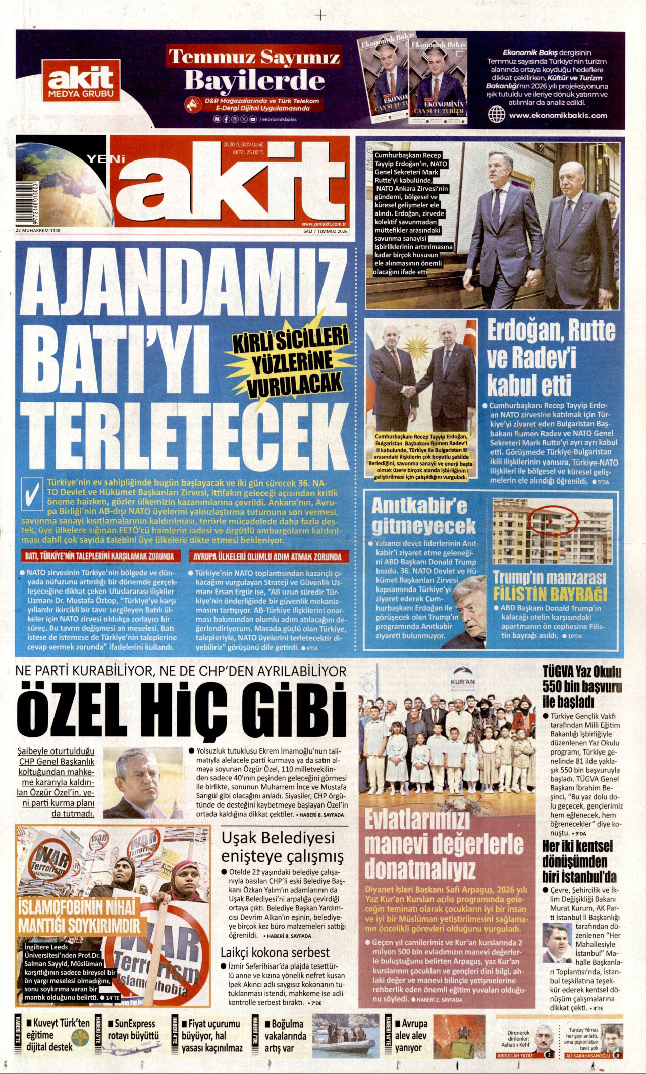 YENİ AKİT gazetesinin 7 Temmuz 2026 tarihli birinci sayfası