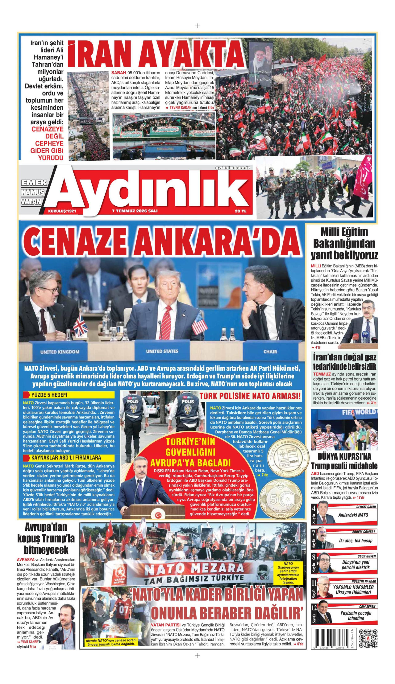 AYDINLIK GAZETESİ gazetesinin 7 Temmuz 2026 tarihli birinci sayfası