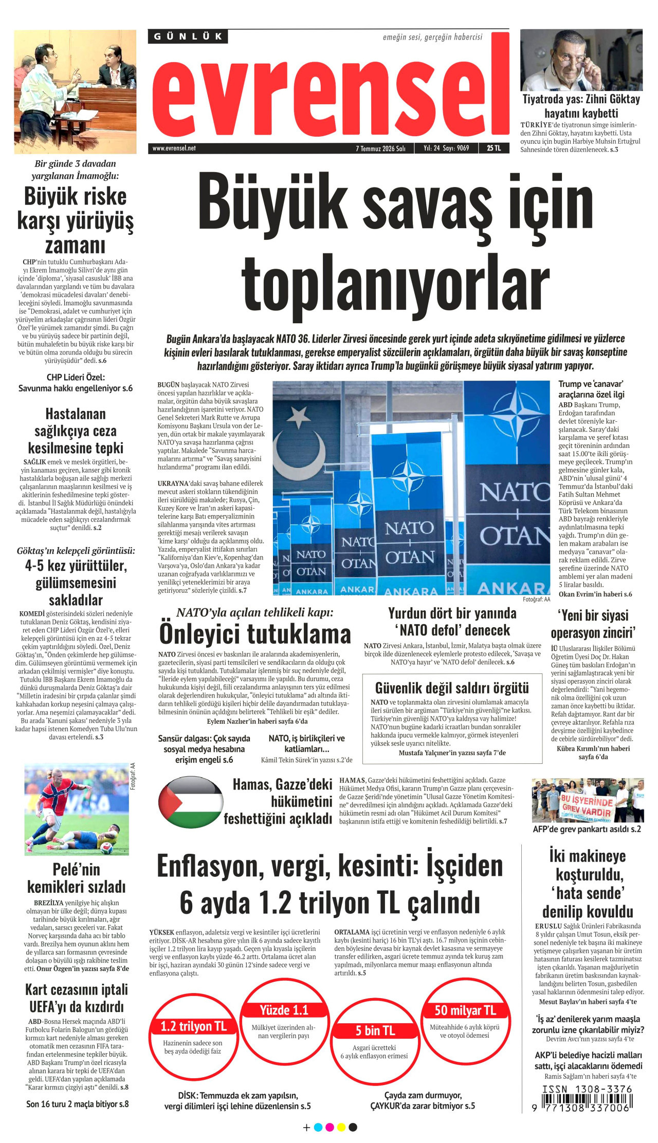 EVRENSEL gazetesinin 7 Temmuz 2026 tarihli birinci sayfası